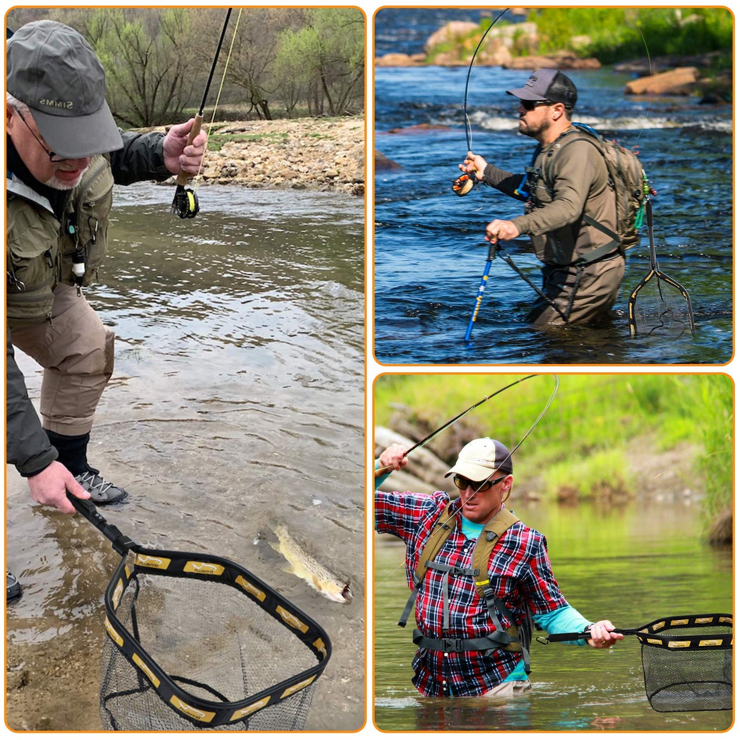 PLUSINNO Floating Fishing Net for Steelhead, Salmon, Fly, Kayak, Catfish, Bass, Trout Fishing, Rubber Coated Landing Net for Easy Catch & Release, Compact & Foldable for Easy Transportation & Storage