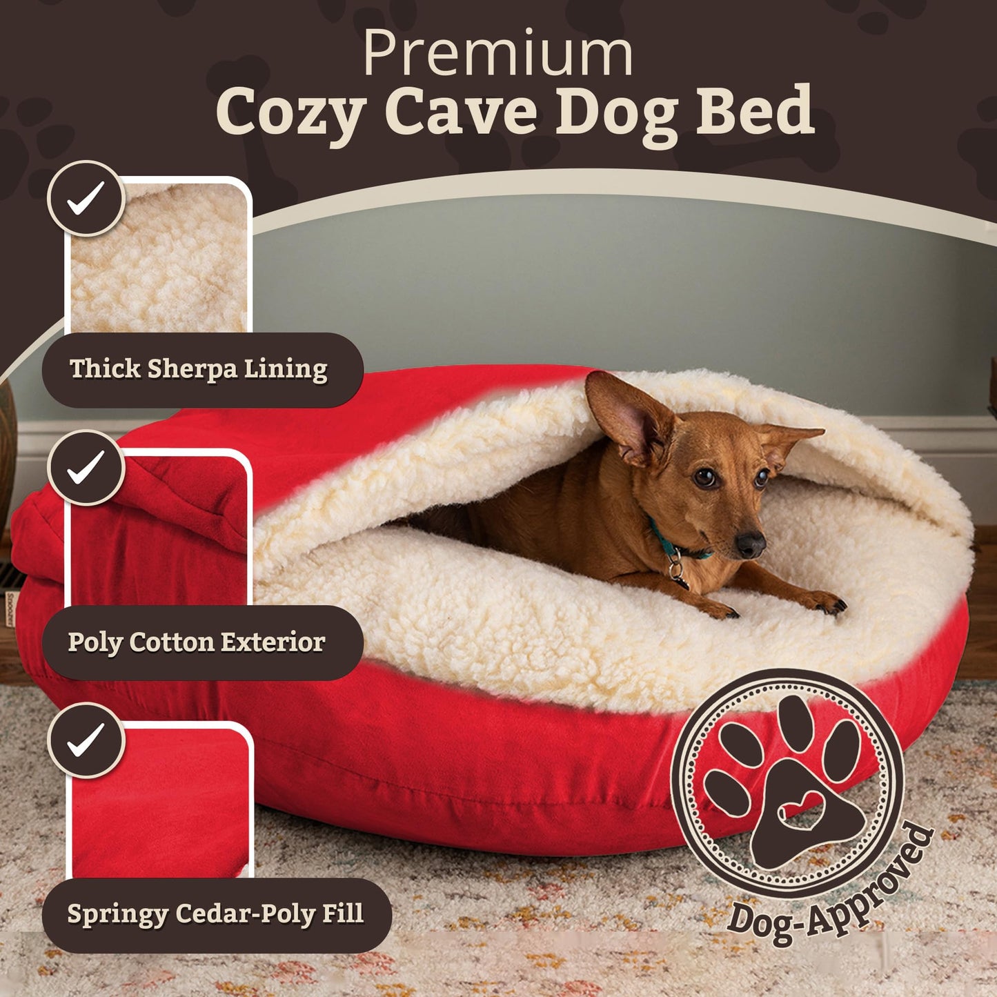 Snoozer Classic Poly-Cotton Cozy Cave Pet Bed, Large, Red