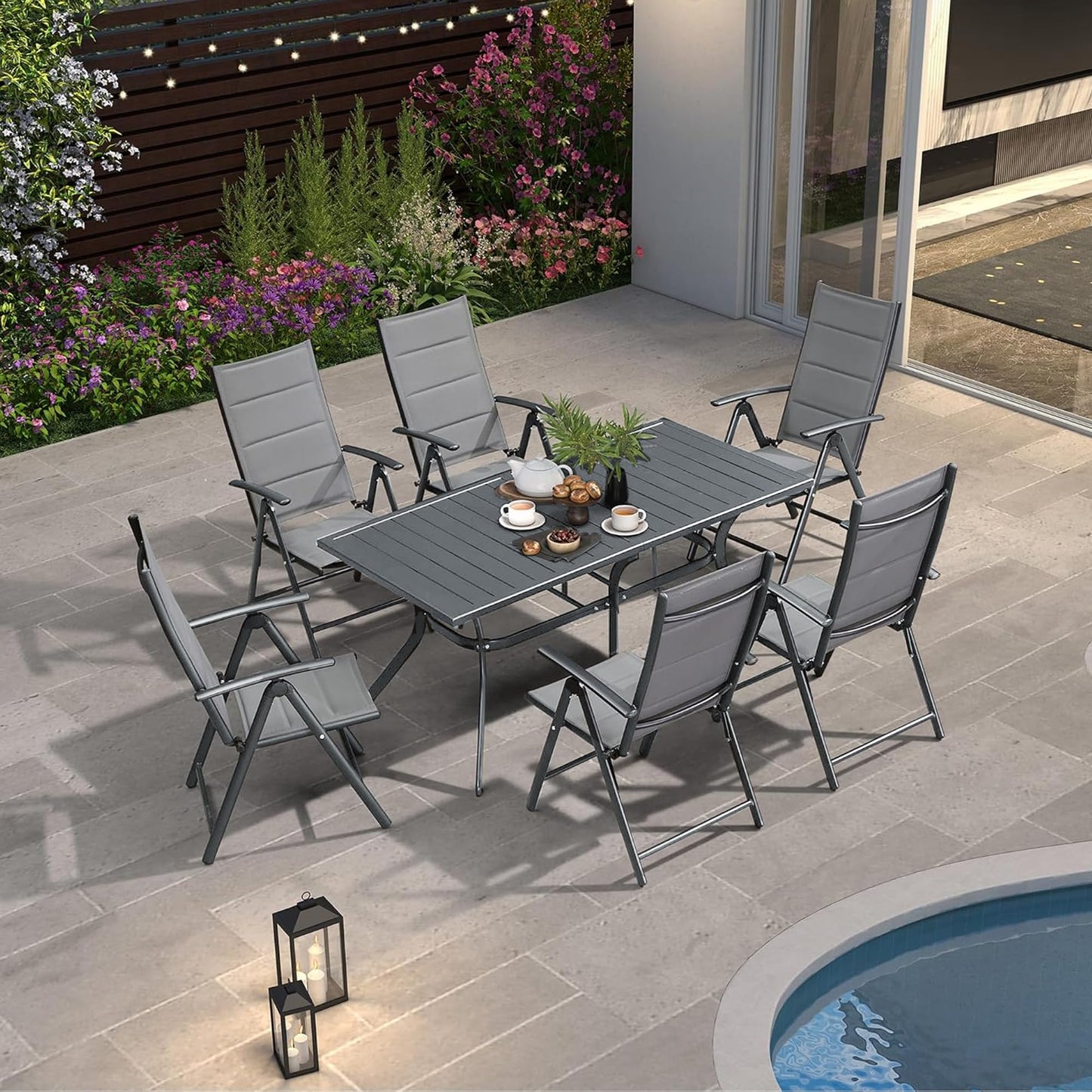 PURPLE LEAF 9 Pieces Outdoor Patio Dining Set with 8 Folding Portable Chairs and 1 Rectangle Aluminum Table, Foldable Adjustable High Back Reclining Chairs with Soft Cotton-Padded Seat, Grey