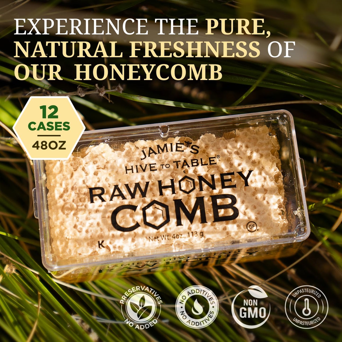 Jamie's Hive To Table 100% Raw Honeycomb, 12 Oz – All-Natural Pure Georgia Honeycomb, No Additives or Preservatives, Non-GMO