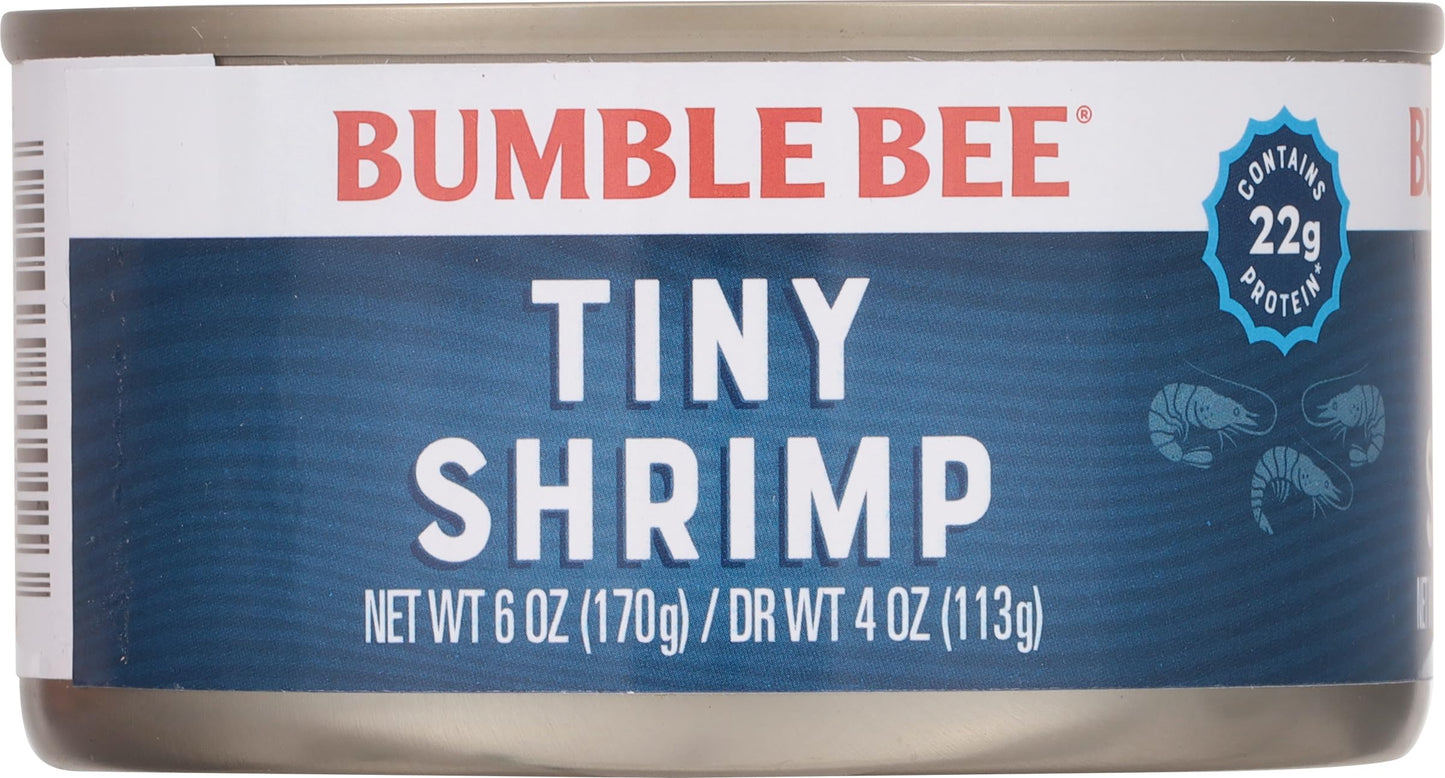 Bumble Bee Tiny Canned Shrimp, 6 oz Can - Shrimp in Water, Cooked, Peeled, Deveined - 22g Protein per Serving - Gluten Free