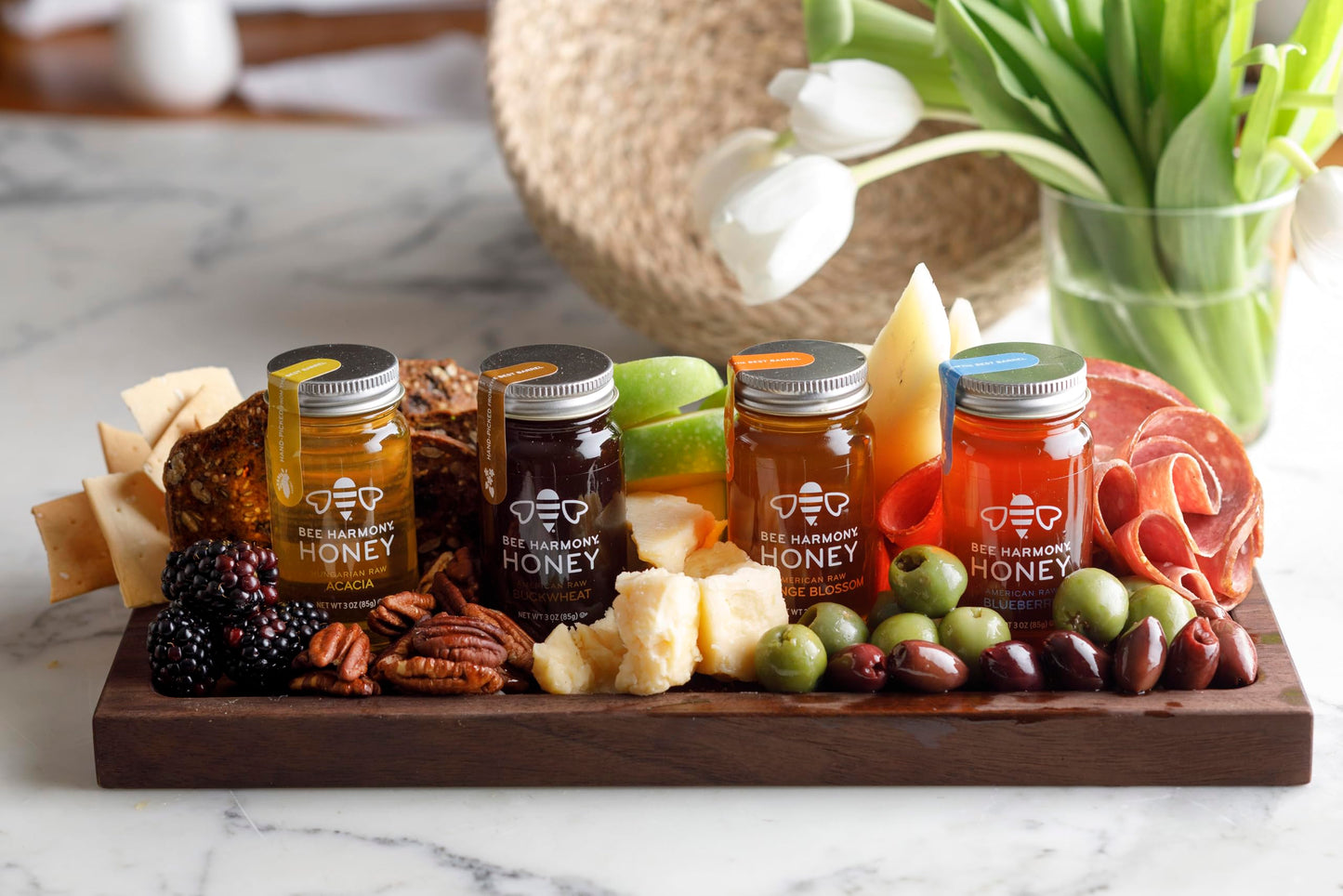 Bee Harmony Classic Honey Flight, Mini Honey Gift Set, 4 Jars, 3 OZ Each, Premium, Raw, Made in the USA