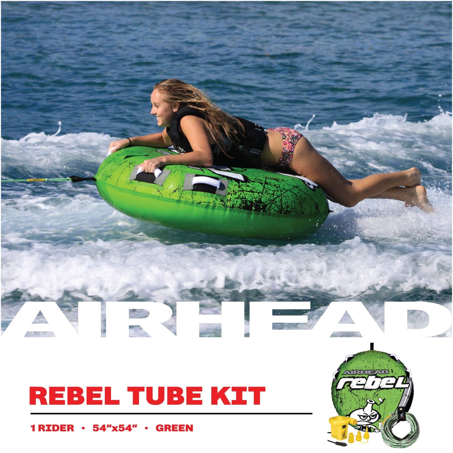 Airhead Rebel Towable Kit 1 Rider Tube with Rope And Pump, Kwik-Connect Tow, Double-Stitched Full Nylon Cover and Speed Safety Valve for Easy Inflating and Deflating