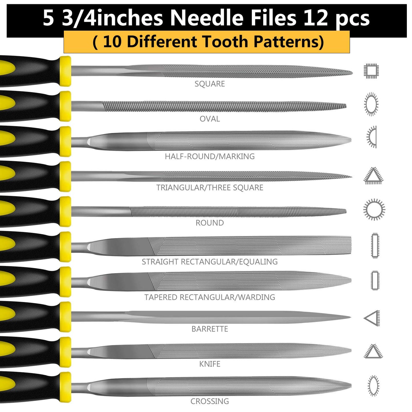 6-Piece Metal Needle File Set - Hardened Alloy Steel Includes Flat, Warding, Square, Triangular, Round, and Half-Round Files