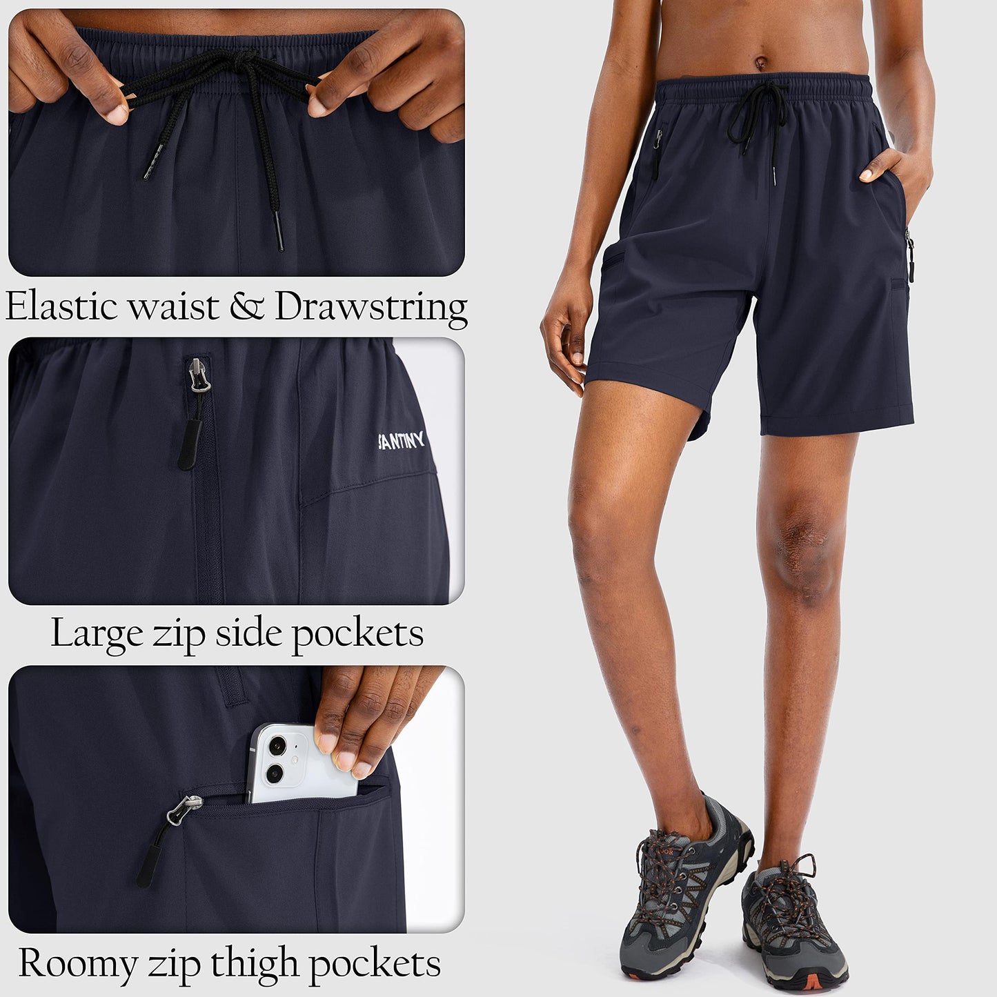 SANTINY Women's 5''/ 7''/9'' Hiking Cargo Shorts Quick Dry Lightweight Summer Shorts for Women Athletic Golf Zipper Pockets(Navy_XL)