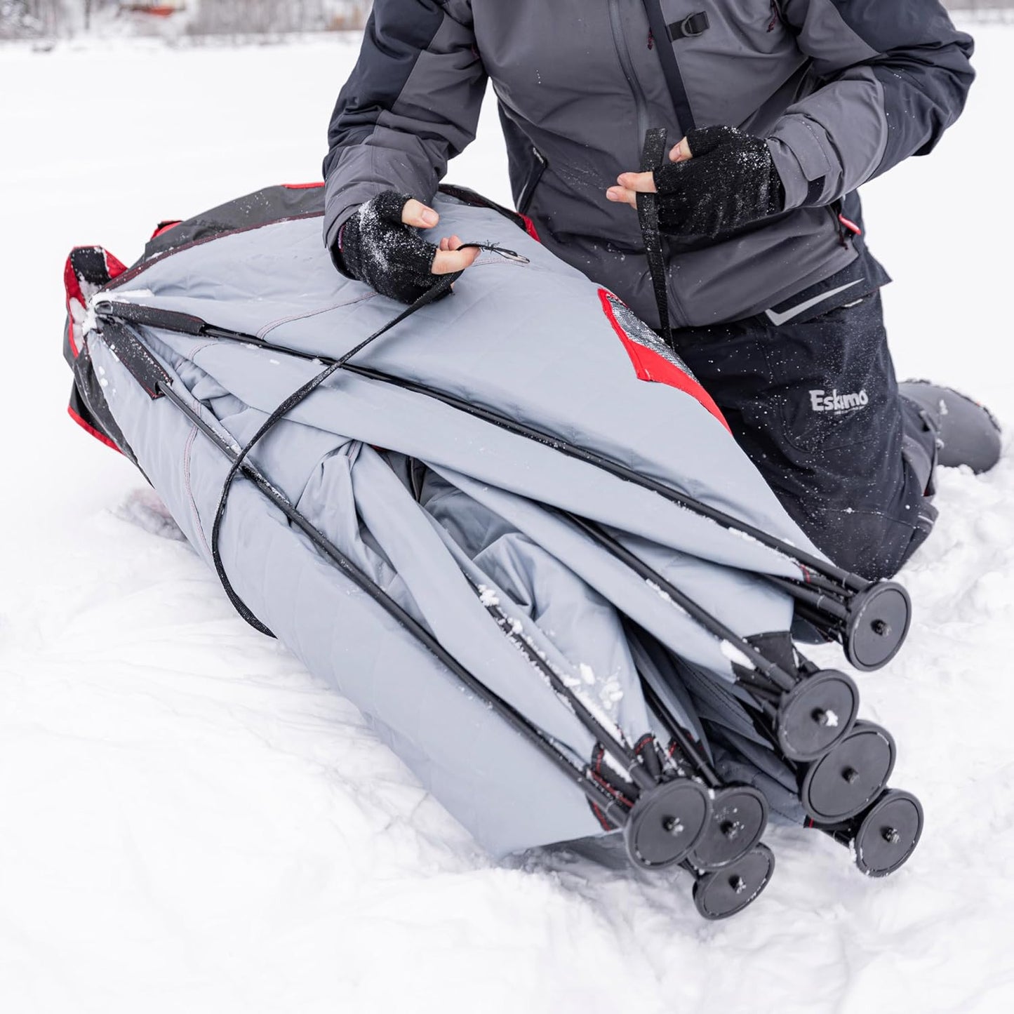 Eskimo QuickFish™ 6HD, Pop-Up Portable Shelter, No-Trip Door, Red/Black, Fully Insulated, Deluxe Ice Anchors, Six Person, Ice Fishing Shelter, 46076