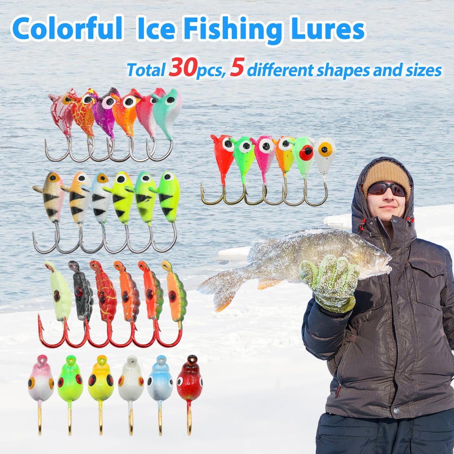 Ice Fishing Jigs Kit, 30/60Pcs Glow Ice Fishing Lure Set for Winter Ice Jigging Crappie Sunfish Perch Panfish Walleye Pike Jigs, Ice Fishing Gear with Storage Box