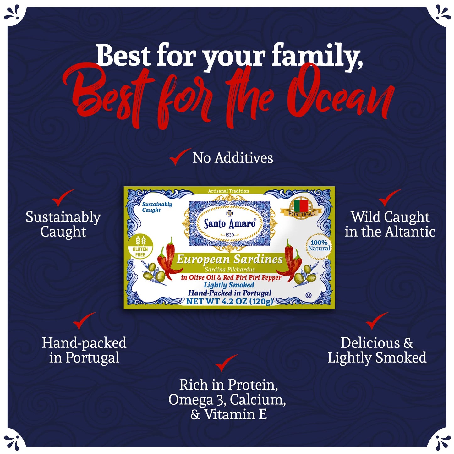 Santo Amaro - 6 Flavor Variety Pack Sampler European Wild Sardines - Virgin Olive Oil - Tomato Sauce from Puree - Virgin Olive Oil & Spicy Red Piri Piri Pepper - Spring Water - Virgin Olive Oil & Lisbon Lemon - Tomato Puree with Spicy Red Piri Piri Pepper