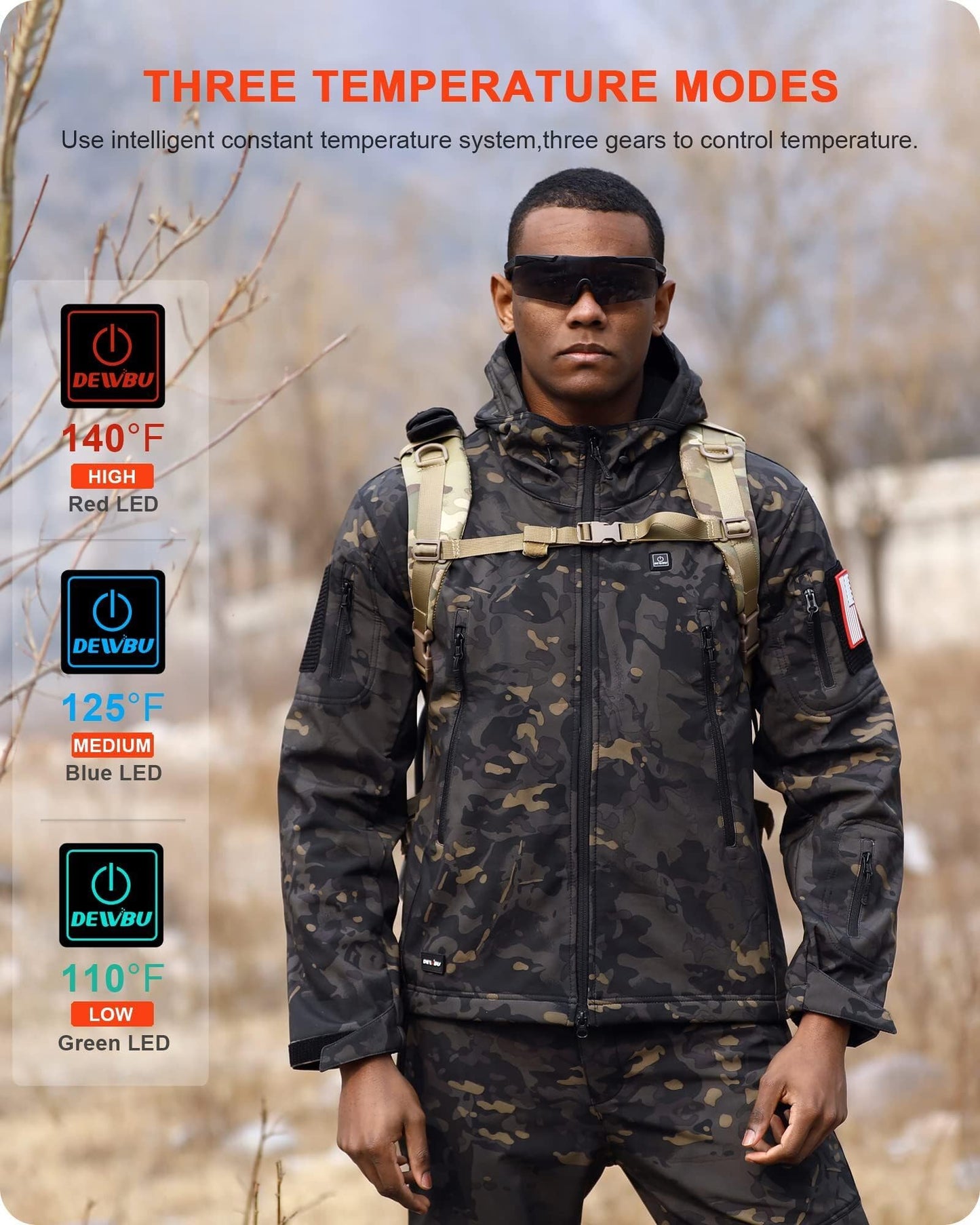 DEWBU Heated Jacket for Men with 12V Battery Pack Winter Outdoor Soft Shell Electric Heating Coat