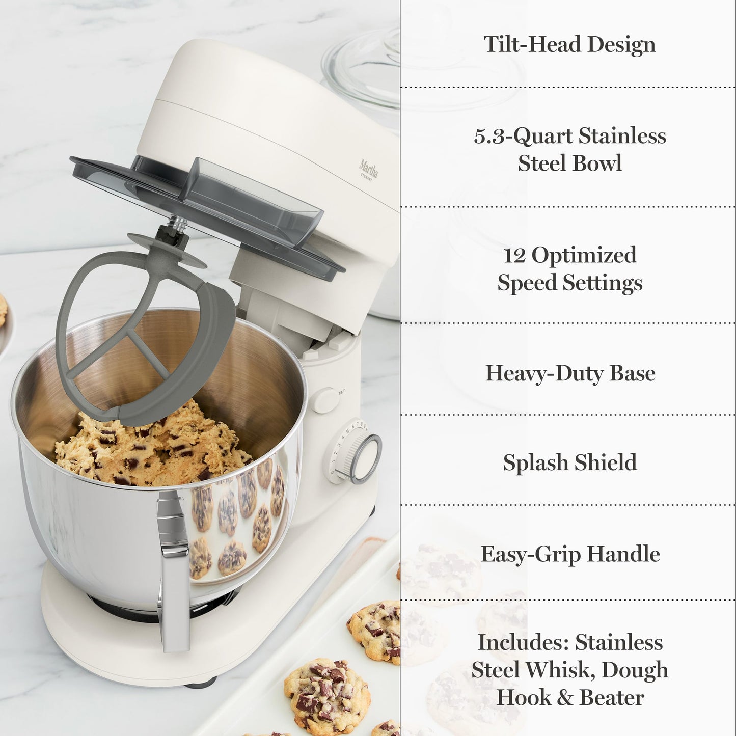 Martha Stewart Stand Mixer, 12 Speed, Tilt-Head, 5.3QT Stainless Steel Bowl, Splash Guard with Pour Chute, Whisk, Dough Hook, Flat Beater, Electric Kitchen Baking Mixer, Bread, Cake, Whip, Caviar Gray
