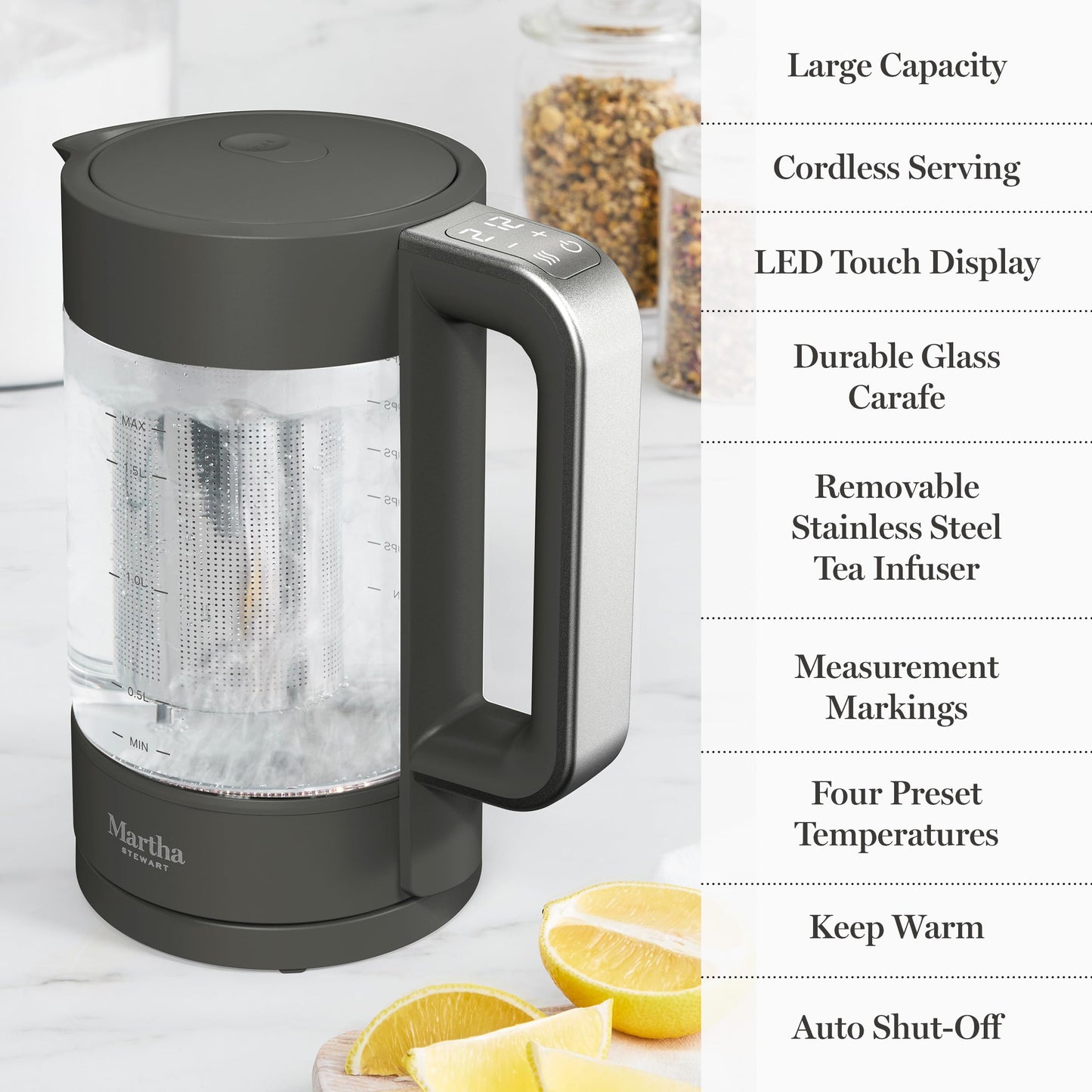 Martha Stewart Electric Kettle with Removable Stainless Steel Tea Infuser,  Glass Carafe 1.7L (7 Cups), Hot Water Boiler, 4 Presets, Keep Warm & Auto Shut-Off, Cordless 360° Swivel Base, Sky Blue