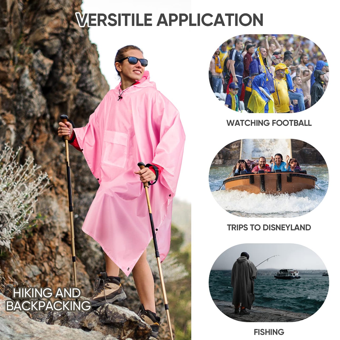 PTEROMY Hooded Rain Poncho for Adult with Pocket, Waterproof Lightweight Unisex Raincoat for Hiking Camping Emergency