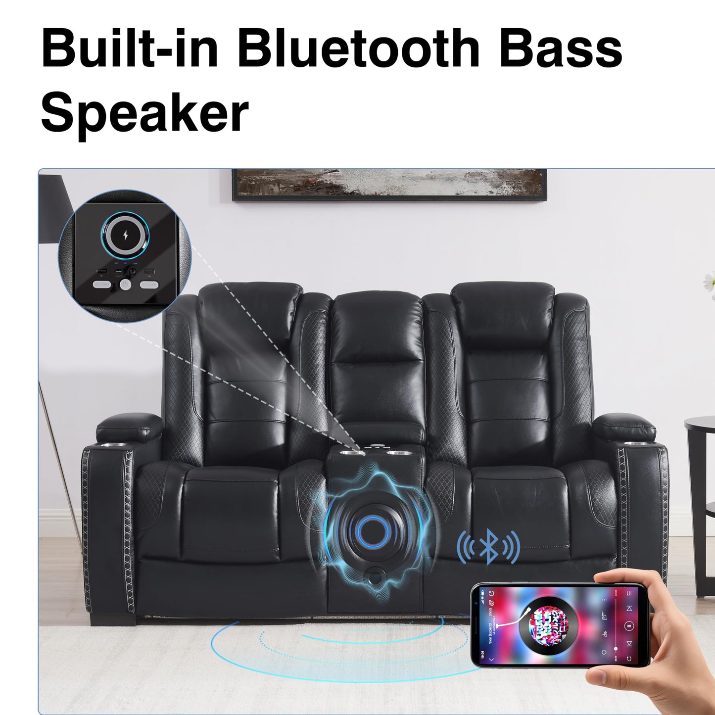 THSUPER Power Black Leather Recliner Sofa for Living Room Furniture Sets with Arm Storage and Power Headrest, Leather Living Room Reclining Couch Set with Wireless Charge and Bluetooth Speaker.