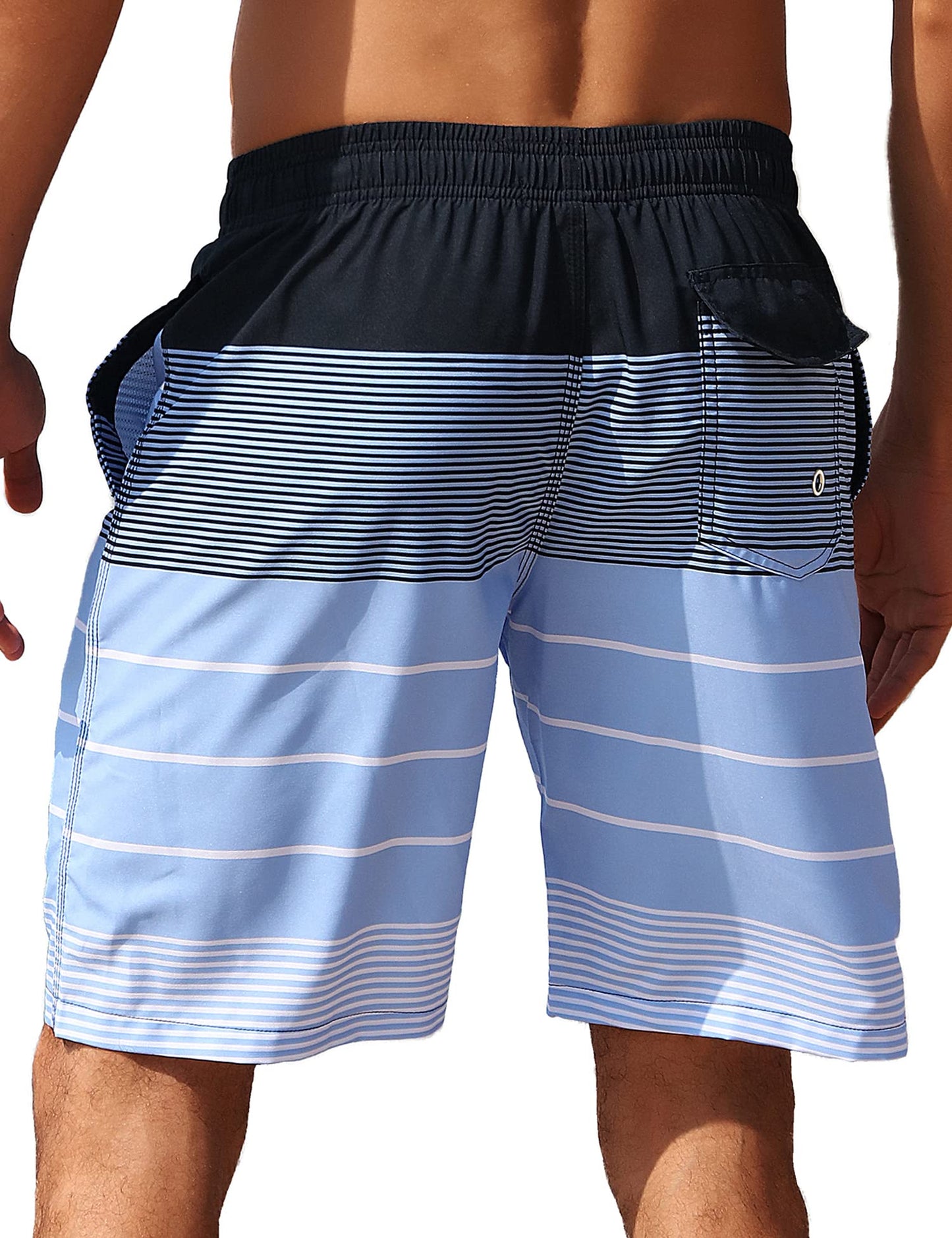 ELETOP Men's Swim Trunks Quick Dry Bathing Suit Swimming Board Shorts Mesh Lining Beach Swimwear Stripe Blue XL