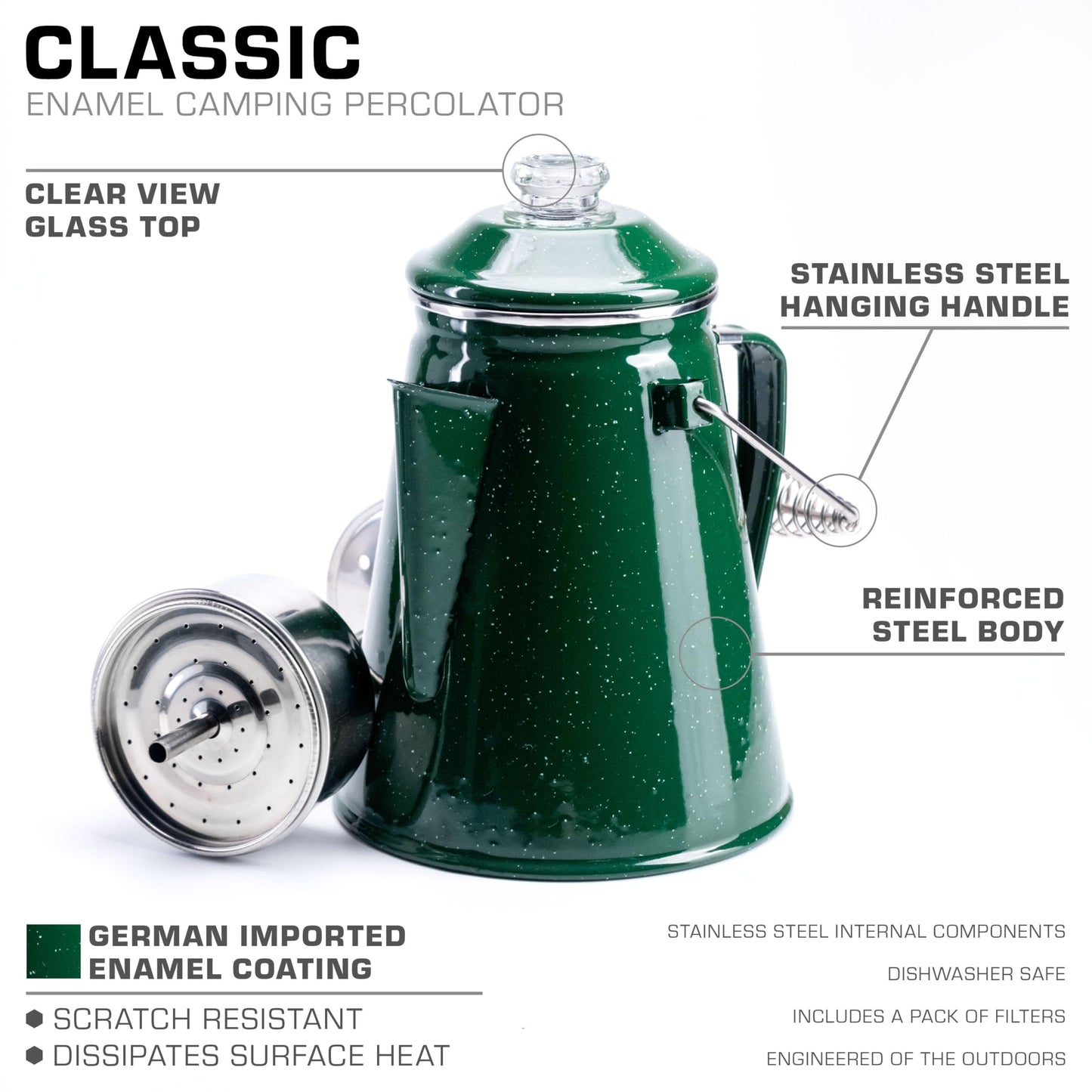 COLETTI Classic Percolator Coffee Pot — Coffee Percolator, Camping Kettle – The Original Camping Coffee Pot, Now Modernized – For Campsite Brewmasters Everywhere [Black Enamel, 12 Cup]