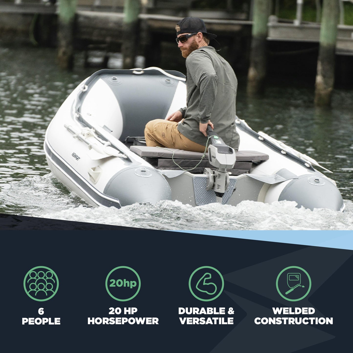 10ft 6in Newport Model Inflatable Dinghy Boat Transom Sport Tender - 5 Person - 15HP USCG Rated, White/Gray