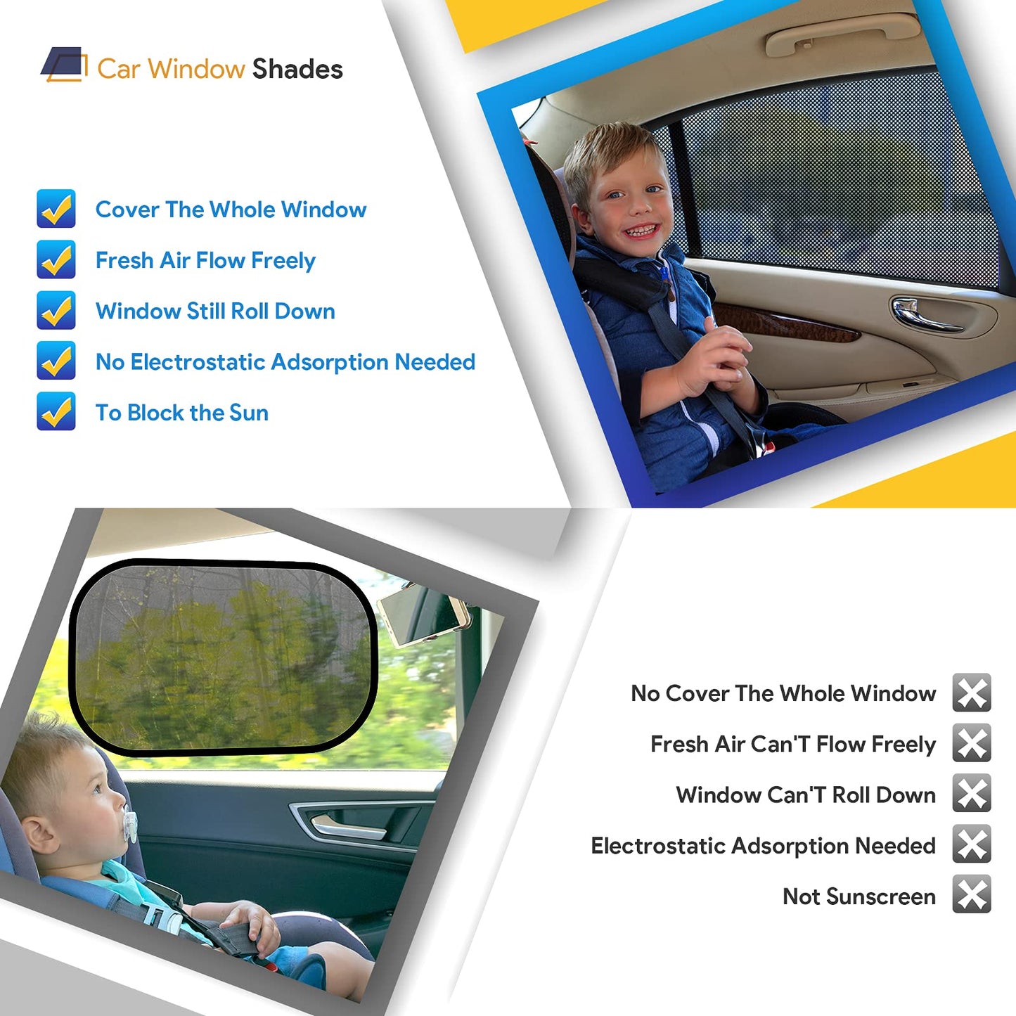 Car Window Shades, 2 Pack Breathable Mesh Side Sun Stretch Screens for Baby/Camping Heat Block UV Protection, Back Covers Car, Truck, SUV, Van-(Large 49"x22")