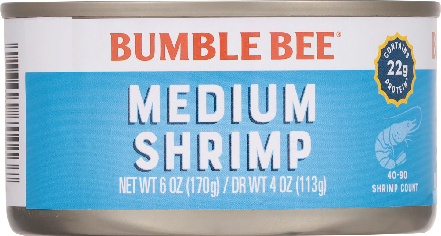 Bumble Bee Tiny Canned Shrimp, 6 oz Can - Shrimp in Water, Cooked, Peeled, Deveined - 22g Protein per Serving - Gluten Free