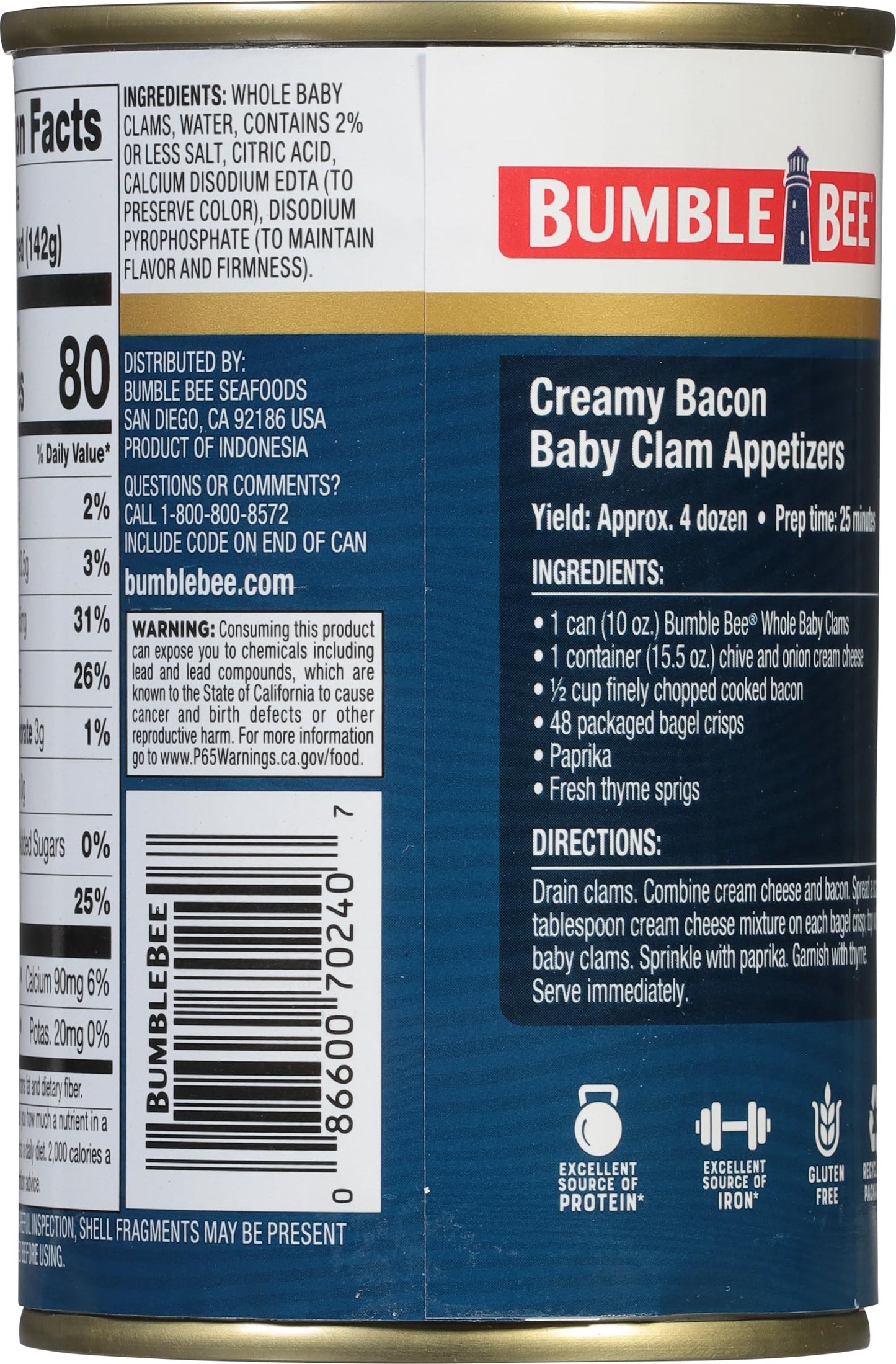 Bumble Bee Whole Baby Canned Clams, 10 oz Can (Pack of 12) - Ready to Eat - 13g Protein per Serving - Gluten Free