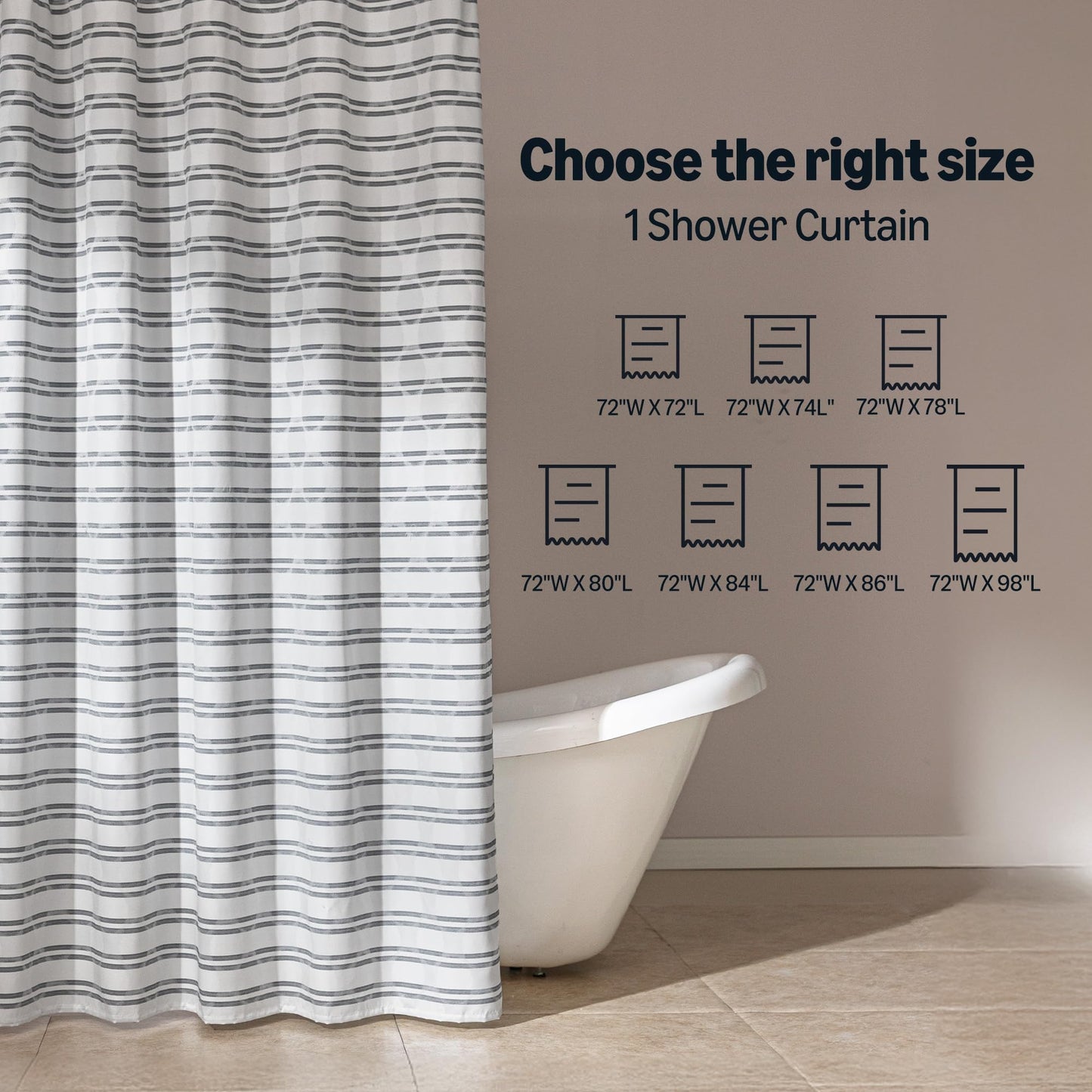 Amazon Basics Geometric Jacquard Fabric Shower Curtain for Bathroom, Lightweight, Waterproof and Washable, 72" W x 72" L, Grey Striped