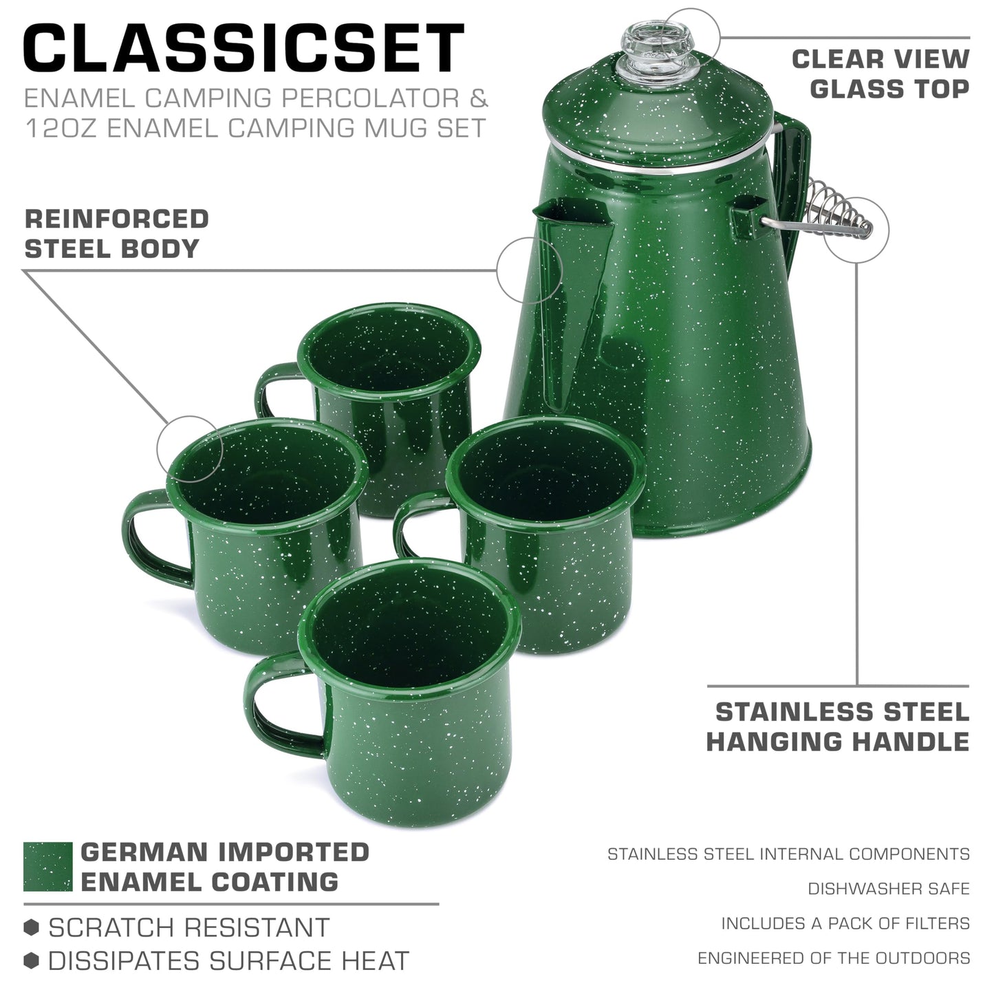 COLETTI Classic Camping Coffee Pot & Mug Set - Percolator Coffee Pot, Enamel Mug Complete Nostalgic Bundle German Imported Enamel Powder [12 oz, Set of 4] (Green)