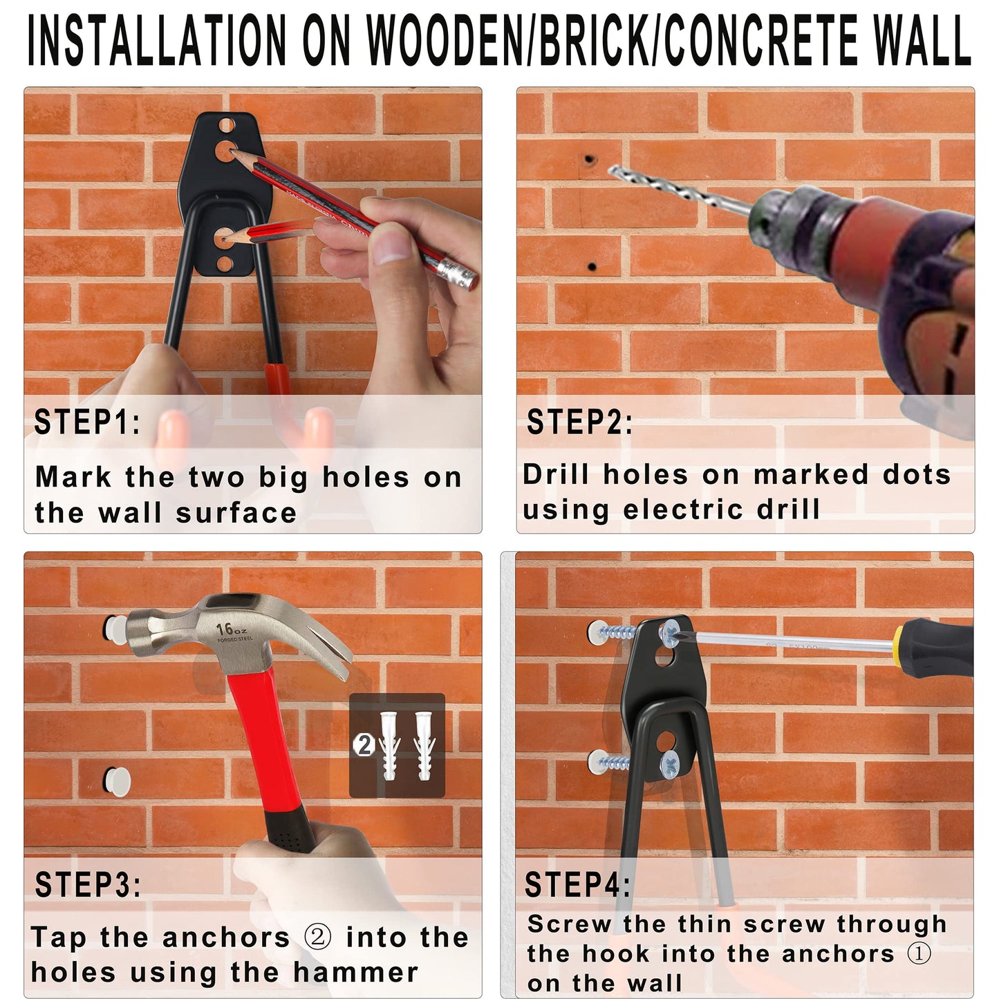 Steel Garage Storage Hooks - 16 Pack Anti-Slip Coating, Heavy Duty Wall Mount Hooks for Hanging Bike, Ladder, Garden Tools