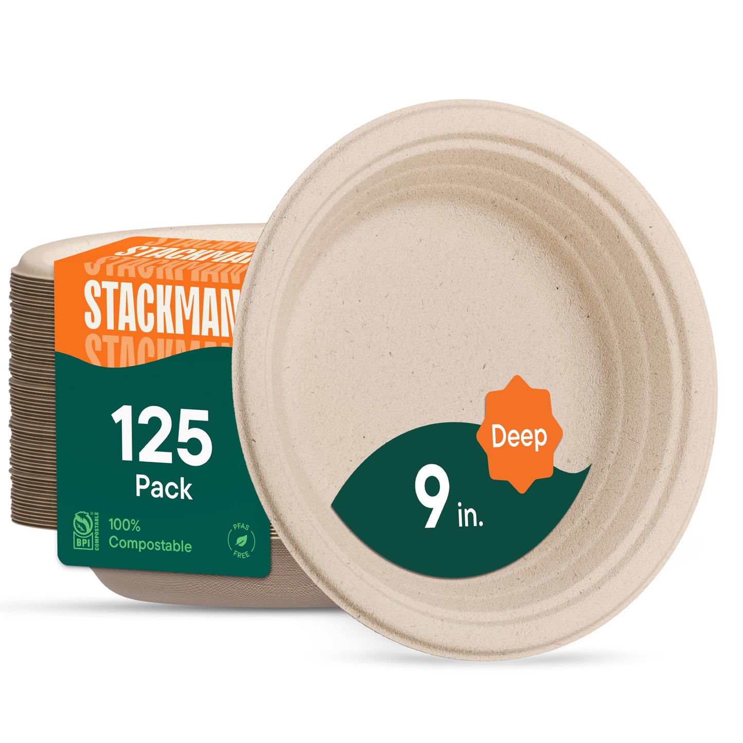 100% Compostable Paper Plates, Heavy Duty Disposable Plates [125-Pack] 9 Inch Plates - Eco-Friendly, Biodegradable Sugarcane Bagasse, Natural Unbleached Brown 9" Dinner Paper Plate Disposable