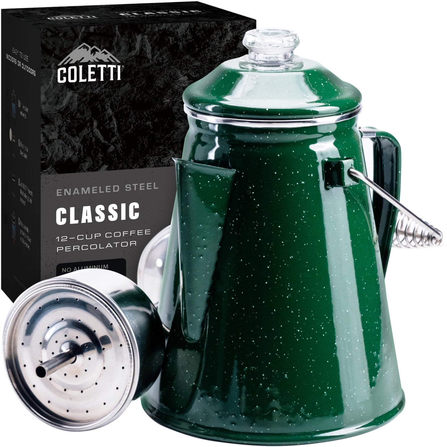 COLETTI Classic Percolator Coffee Pot — Coffee Percolator, Camping Kettle – The Original Camping Coffee Pot, Now Modernized – For Campsite Brewmasters Everywhere [Black Enamel, 12 Cup]