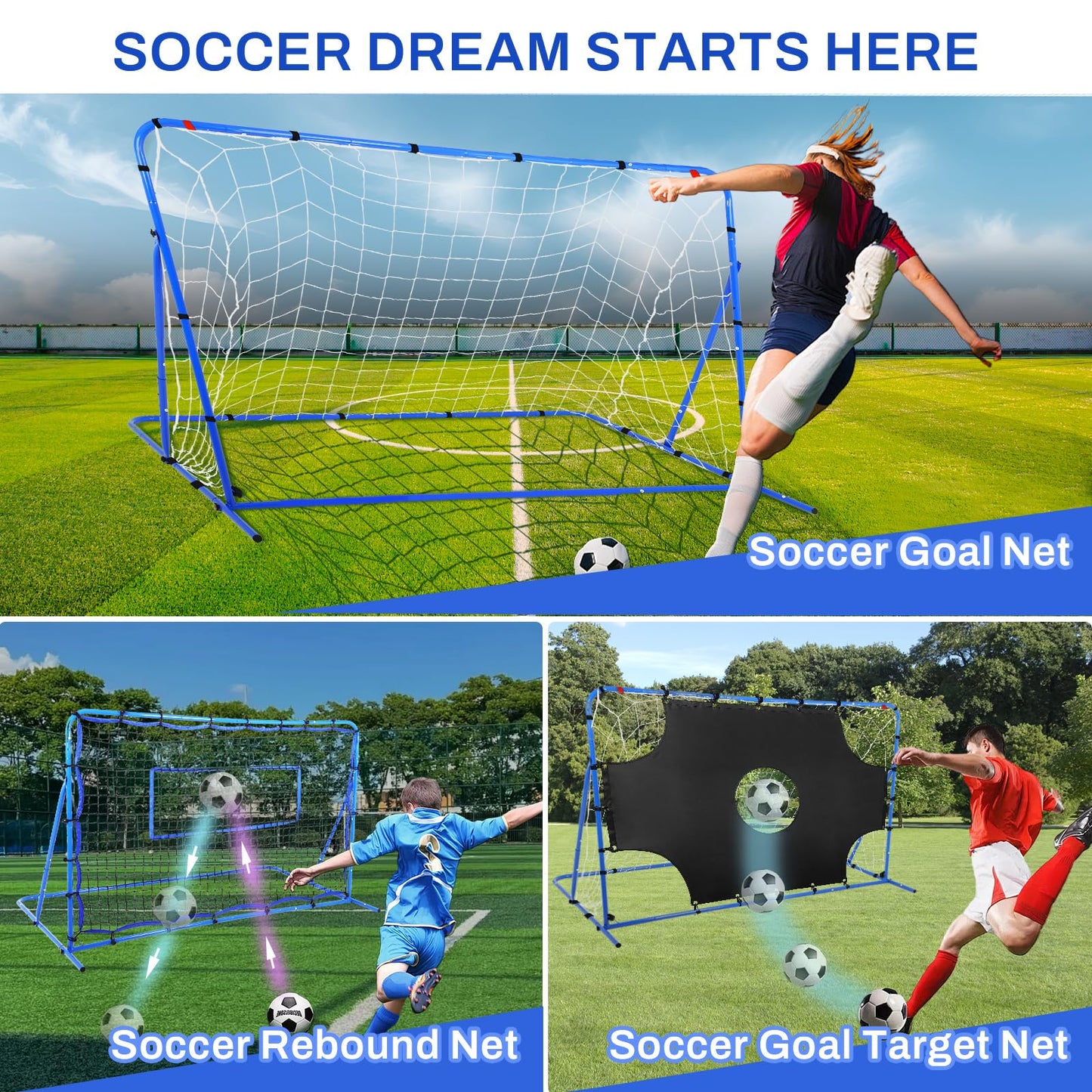 FAHKNS Three Modes of Soccer Goal(6x4ft), Target Net and Rebound Net, Precision Training, Tear-Resistant, Corner Kick Training, Suitable for Children and Teenagers Control