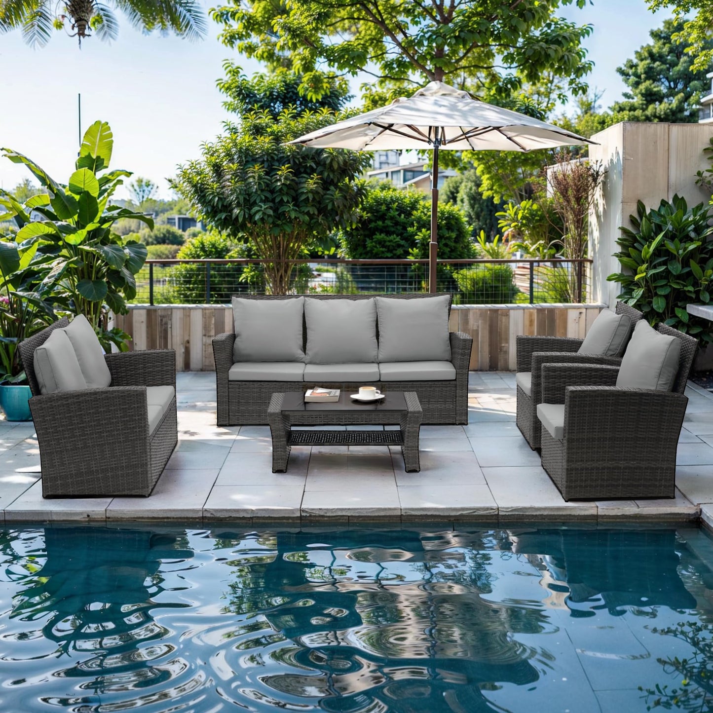 Wisteria Lane 4 Piece Outdoor Patio Furniture Sets, Wicker Conversation Set for Porch Deck, Brown Rattan Sofa Chair with Cushion