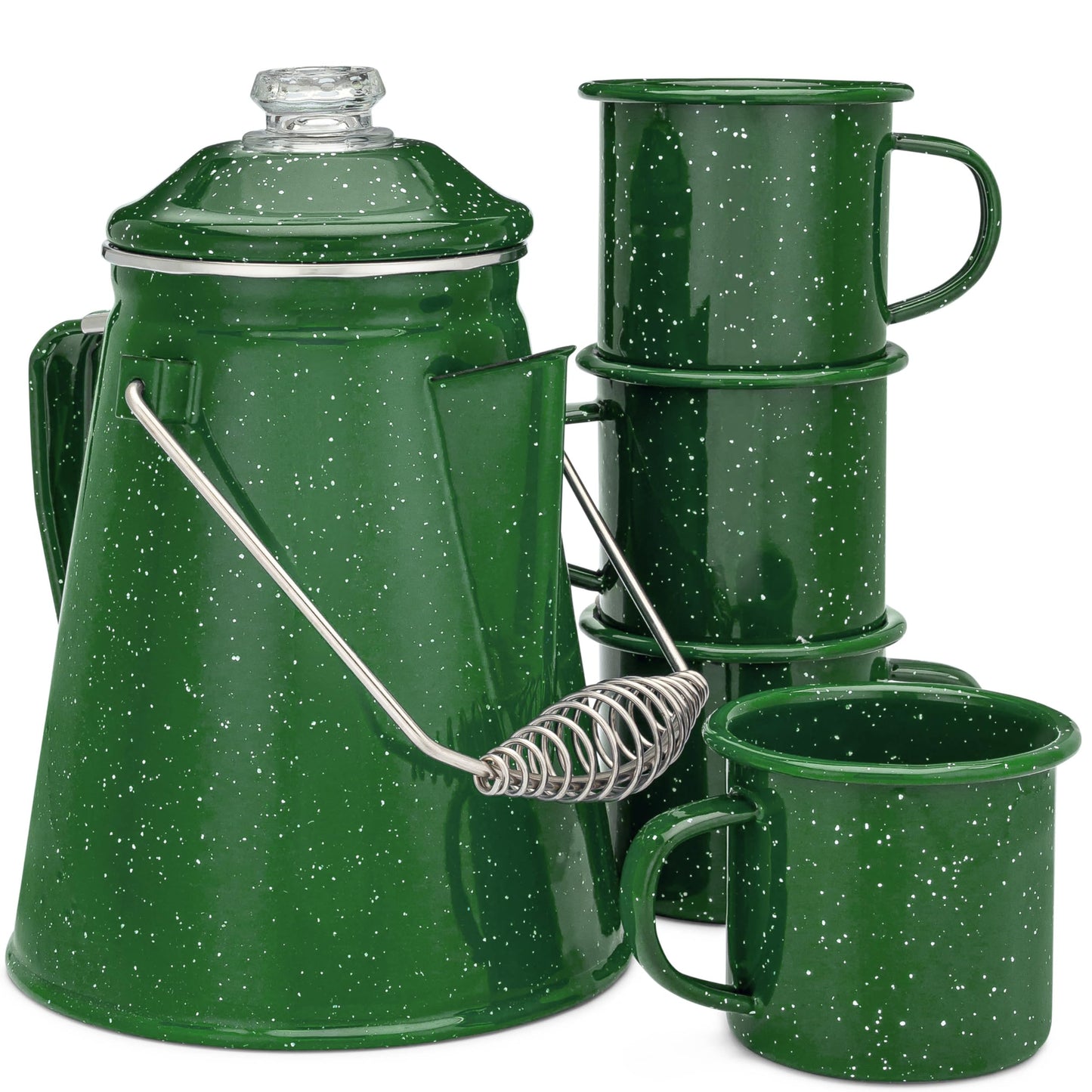 COLETTI Classic Camping Coffee Pot & Mug Set - Percolator Coffee Pot, Enamel Mug Complete Nostalgic Bundle German Imported Enamel Powder [12 oz, Set of 4] (Green)