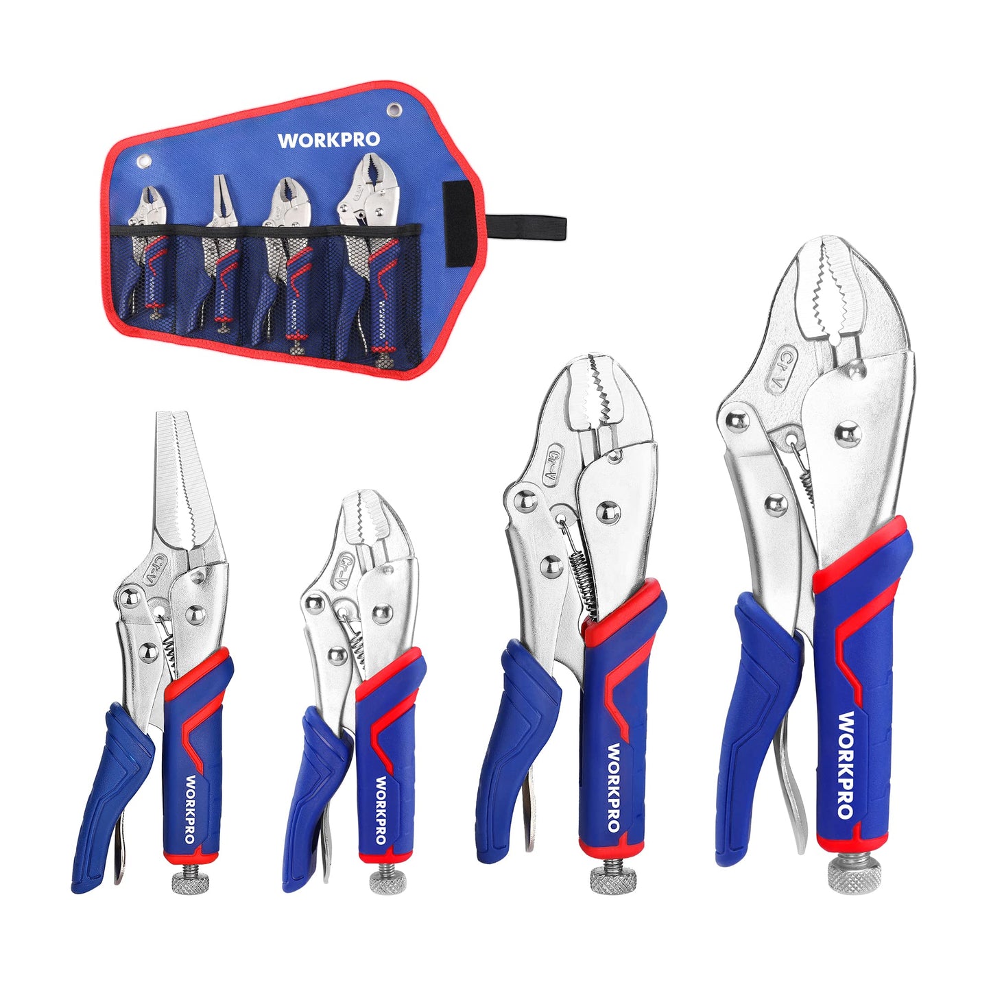 WORKPRO 5-Piece Locking Pliers Set, Pliers Tool Set, Vice Grips with Chrome-vanadium Steel, 5/7/10 inch Curved Jaw Pliers, 6.5/9 inch Long Nose Pliers