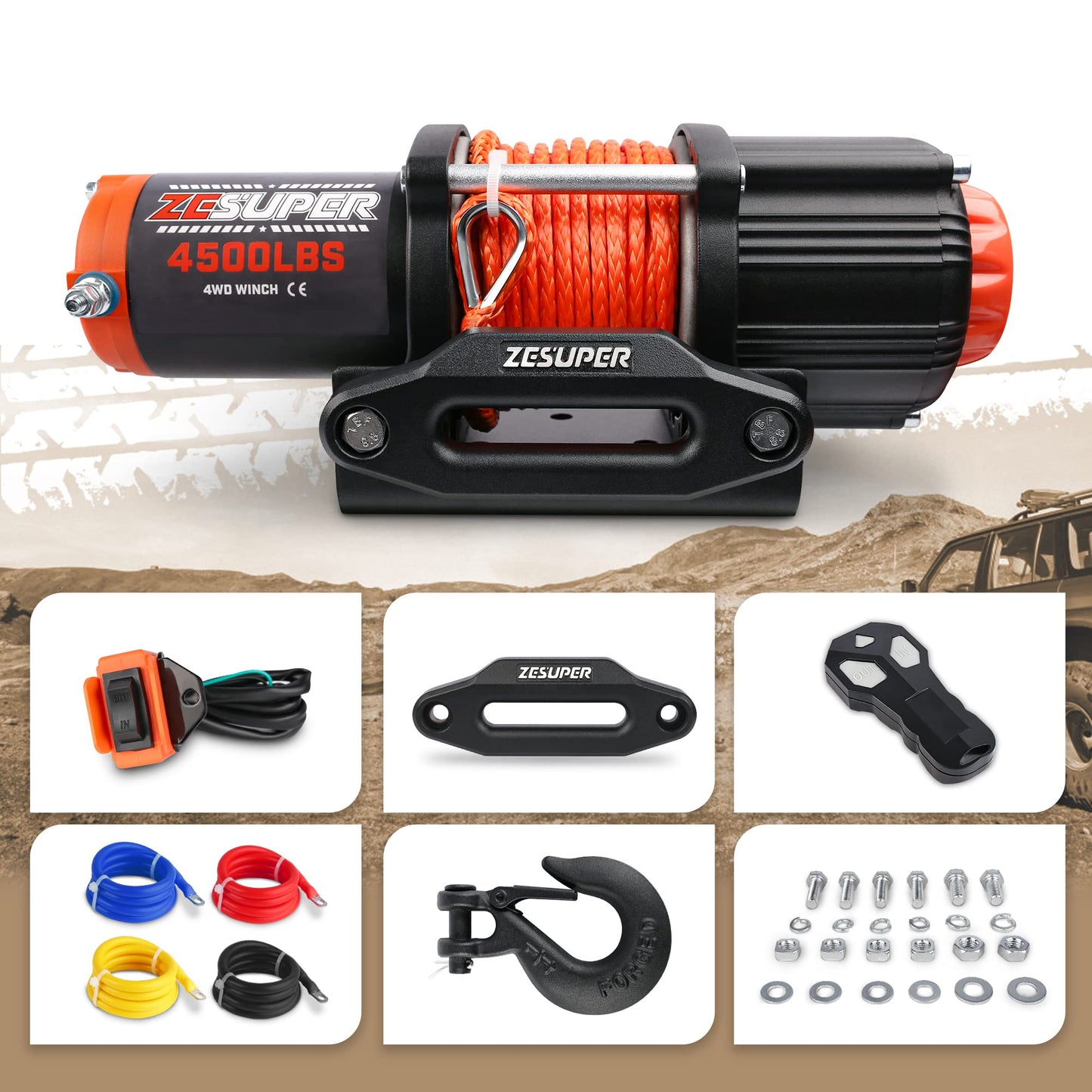 ZESUPER 3000 lb Electric Winch for ATV UTV Trailer Boat Synthetic Rope Winch 12V DC Off Road Towing Winches with Wireless Remote Mounting Bracket
