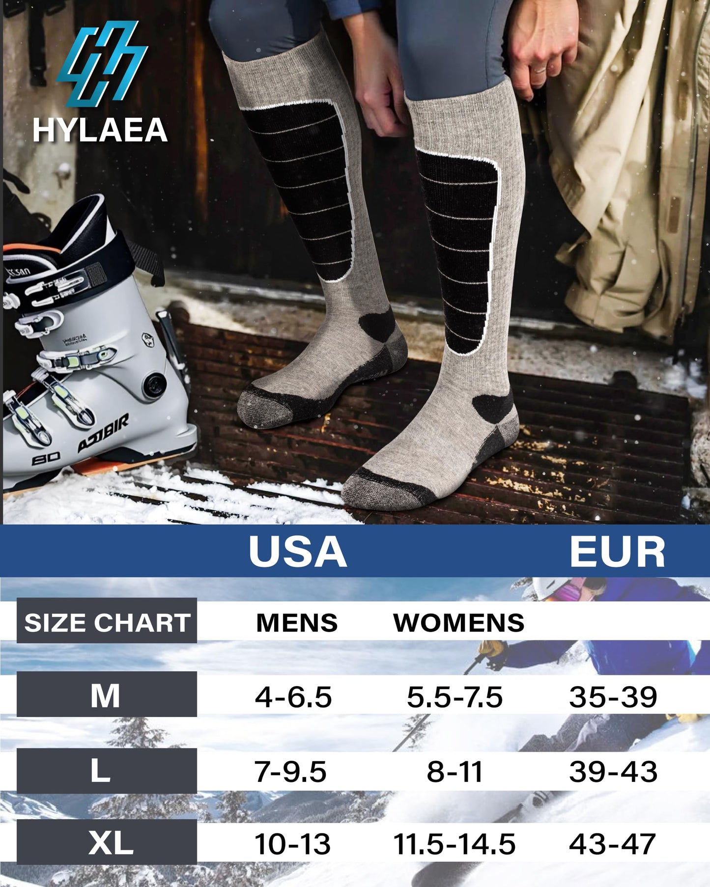 Hylaea Merino Wool Ski Socks, Cold Weather Socks for Snowboarding, Snow, Winter, Thermal Knee-high Warm Socks, Hunting