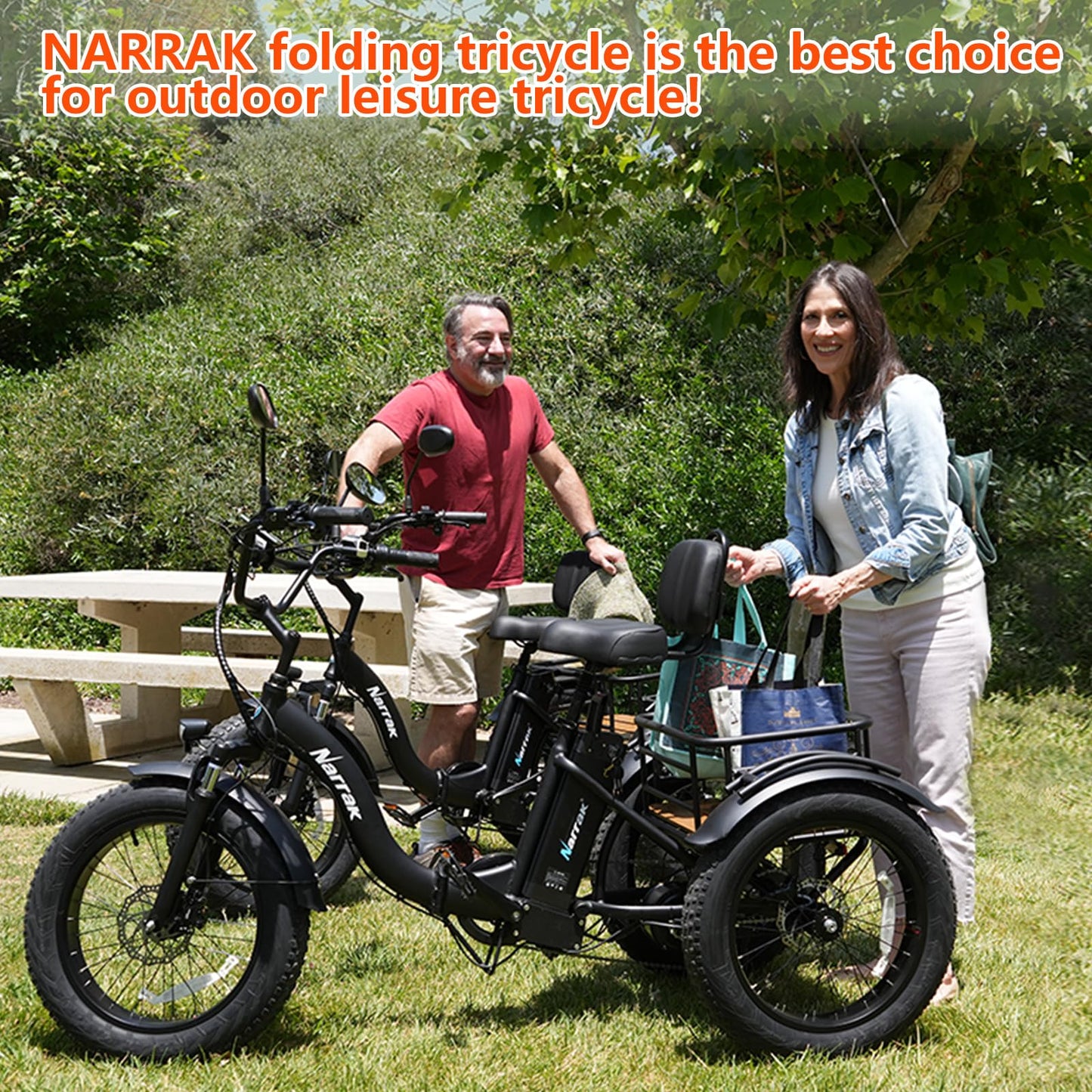 NARRAK Electric Tricycle for Adults,Fat Tire Folding Electric Trike,3 Wheels Electric Bicycle Bikes, Peak 1350W Step-Thru Etrike with Removable Battery and Large Basket for Women Men