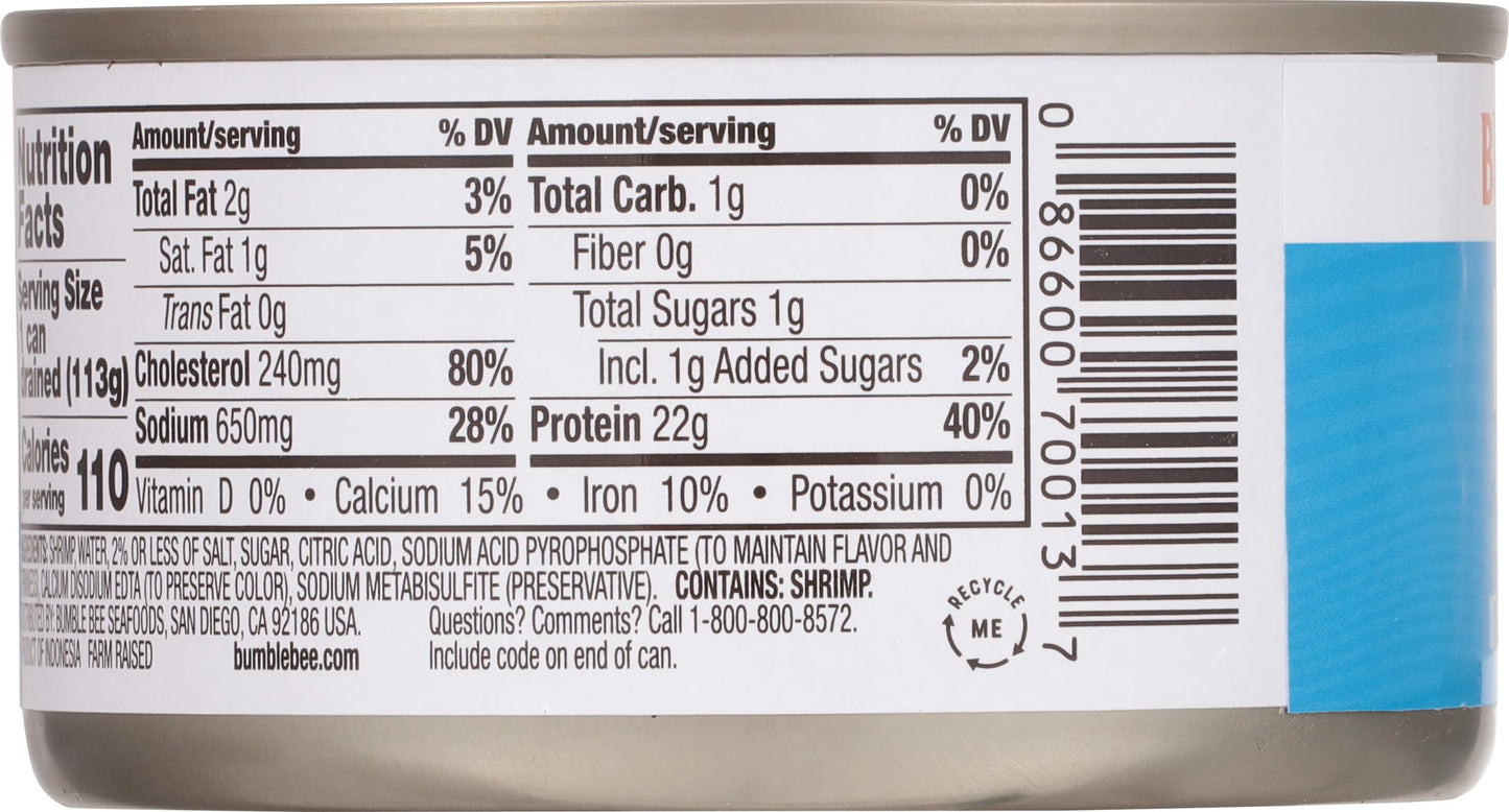 Bumble Bee Tiny Canned Shrimp, 6 oz Can - Shrimp in Water, Cooked, Peeled, Deveined - 22g Protein per Serving - Gluten Free
