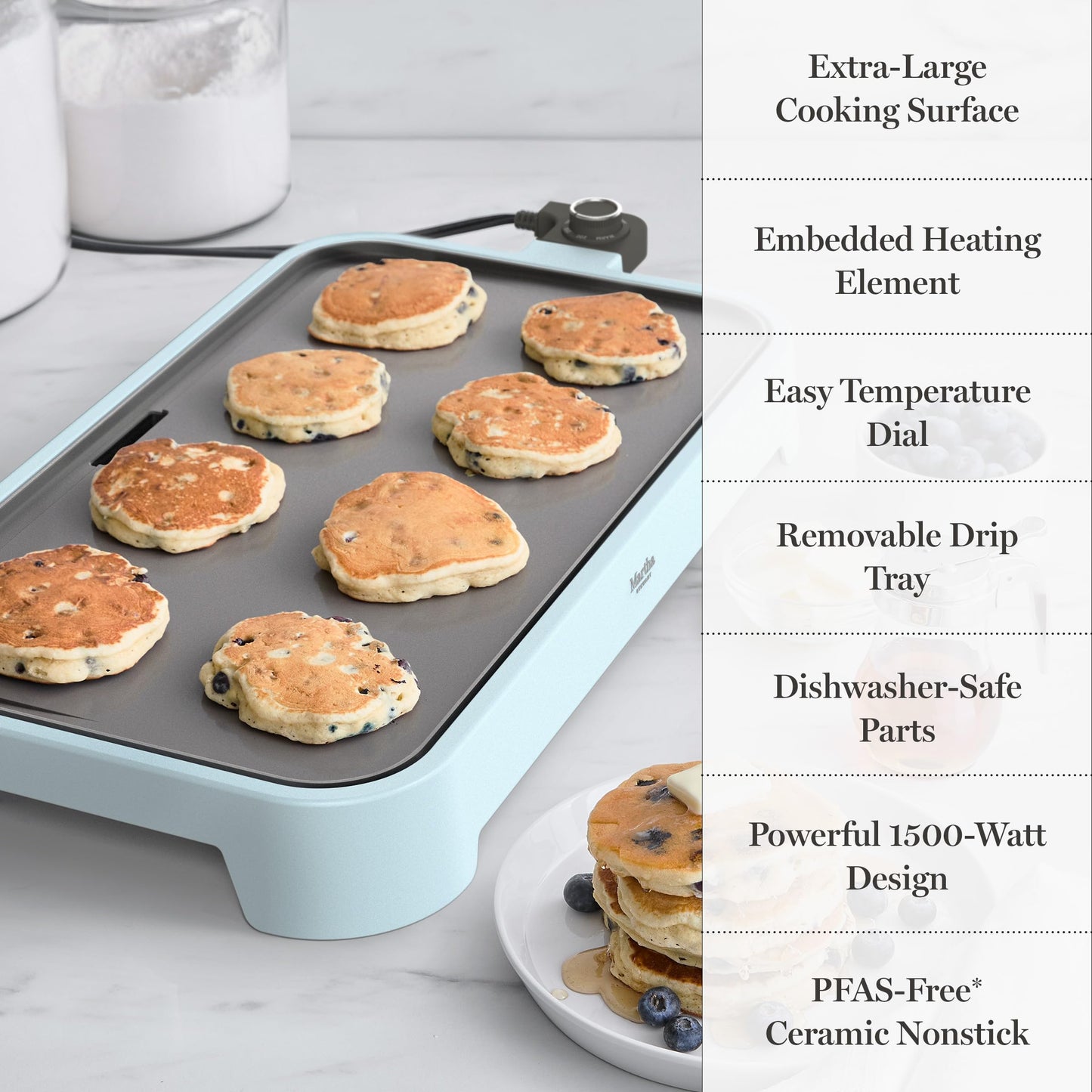 Martha Stewart 12” x 22” Electric Griddle, XL Ceramic Nonstick Flat Top Cooking Surface, Adjustable Temperature Dial, Drip Tray, Dishwasher Safe, 1500W Fast Even Heating, Pancakes & Eggs, Linen White