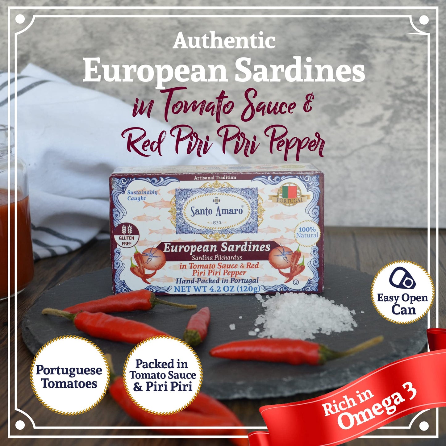 Santo Amaro - 6 Flavor Variety Pack Sampler European Wild Sardines - Virgin Olive Oil - Tomato Sauce from Puree - Virgin Olive Oil & Spicy Red Piri Piri Pepper - Spring Water - Virgin Olive Oil & Lisbon Lemon - Tomato Puree with Spicy Red Piri Piri Pepper