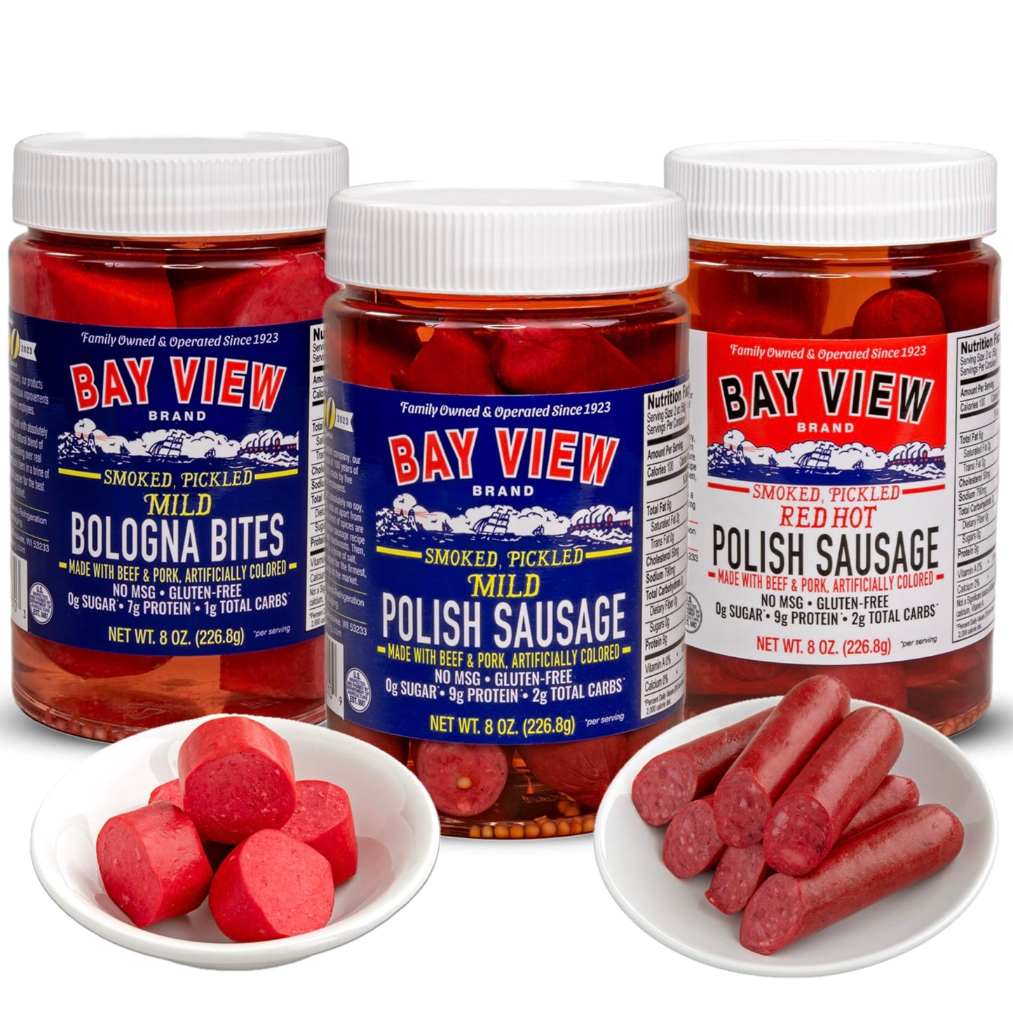 Bay View Smoked Pickled Polish Sausage, No MSG, Gluten Free, No Soy, 0g Sugar, 7g Protein, Hardwood Smoked, Mouthwatering Pickled Snack (Mild Bologna, 8oz)