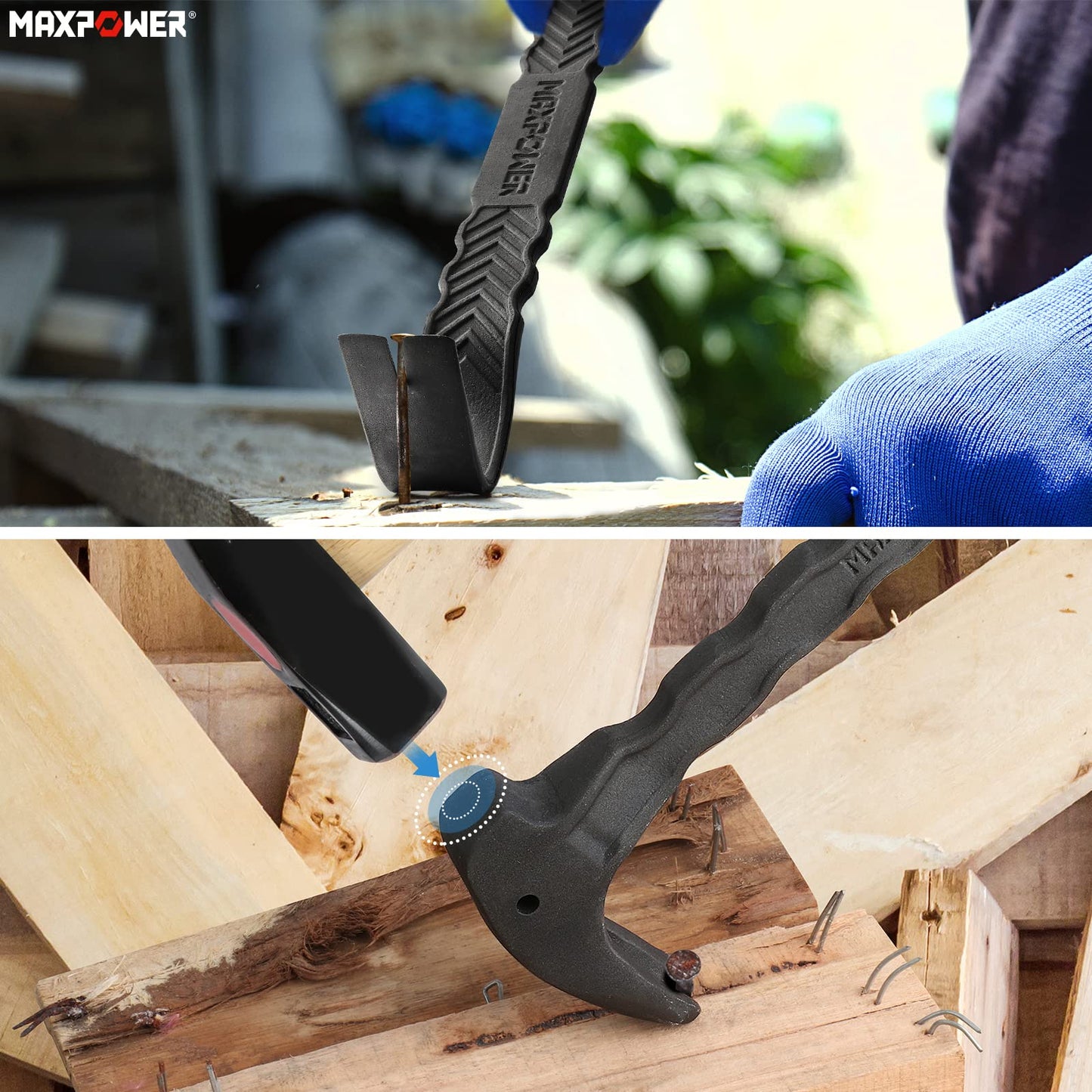 MAXPOWER 4-Pieces Pry Bar Set, 12-inch Utility Claw Pry Bar, 8-inch Nail Puller, 10-inch and 7-inch Flat Pry Bar Crowbar Claw
