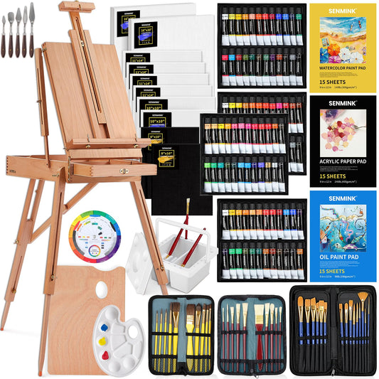 196Pcs Deluxe Artist Painting Set with Aluminum and Beech Wood Easel, 48 Colors Acrylic & Oil Paints, 24 Colors Watercolor Paints, Art Paint Supplies for Artists, Beginner & Adults