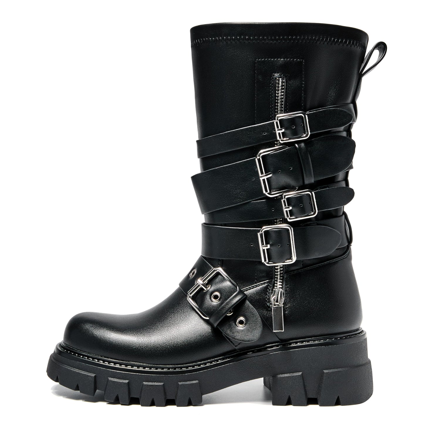 Women's Mid Calf Buckle Combat Boots Low Chunky Heel Motorcycle Riding Biker Boots