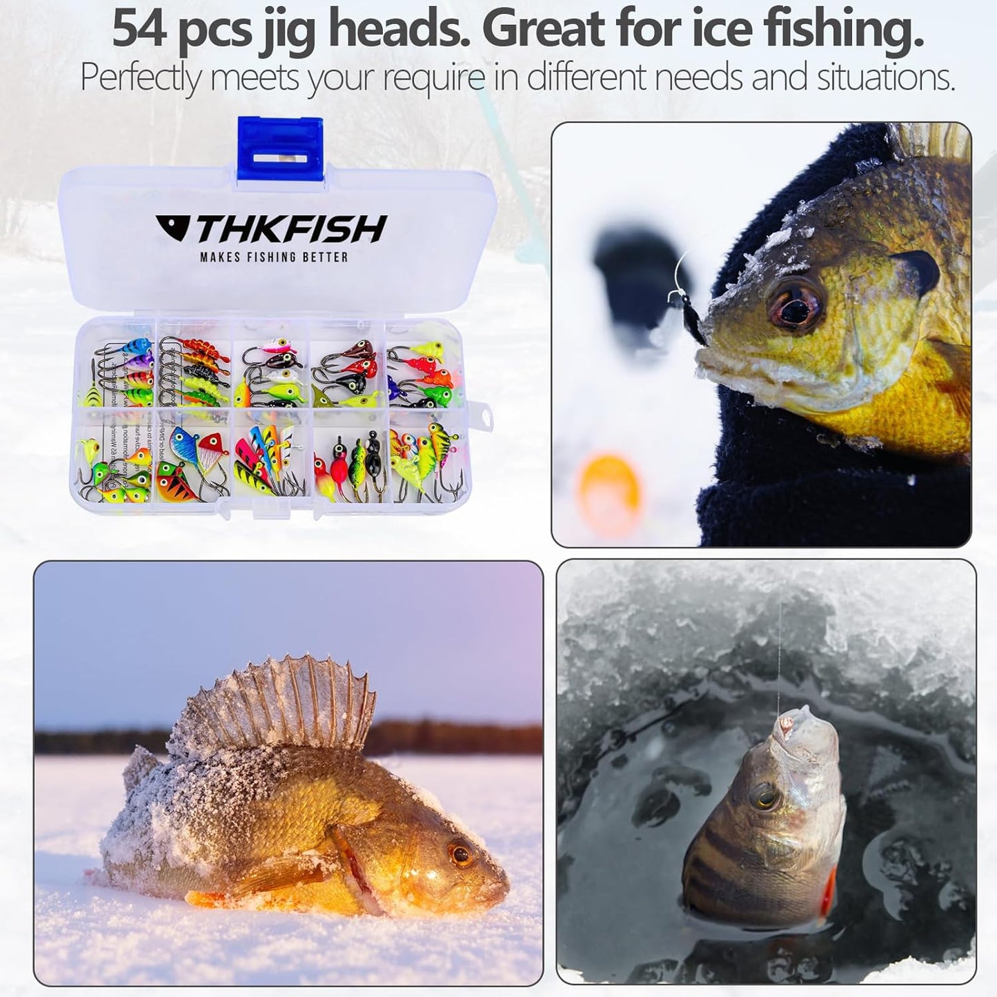 THKFISH Ice Fishing Jigs 54pcs Glow Ice Fishing Lures, Walleye Jig Ice Fishing Jigs Kit Ice Fishing Gear for Crappie Bass Walleye Saltwater Freshwater Fishing Gear