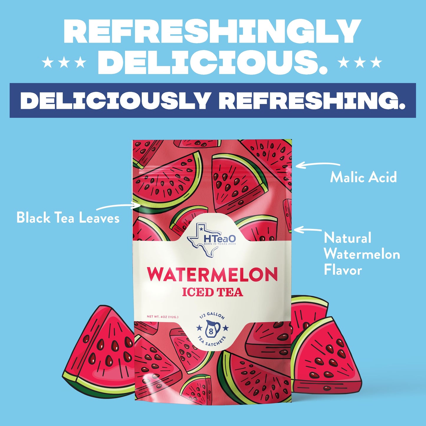 HTeaO Watermelon Texas-Style Flavored Iced Tea Bags for Summer – Instant Ice Tea Packets for Quick Brew - Loaded Tea Sachets Ready in 5 Minutes (16-Count, Makes 8 Gallons Total)