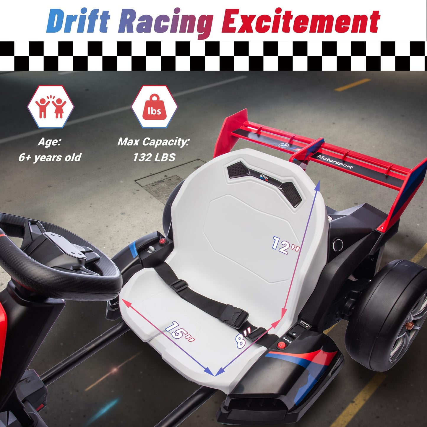 Wanan 36V Electric Go Kart with Adjustable Seat, Licensed BMW Drift Kart with Dual 2 x 300W Motors, Crazy Go Cart for Kids Ages 6-12, Cool LED Lights, Drift Mode and 2 Speeds (Red)