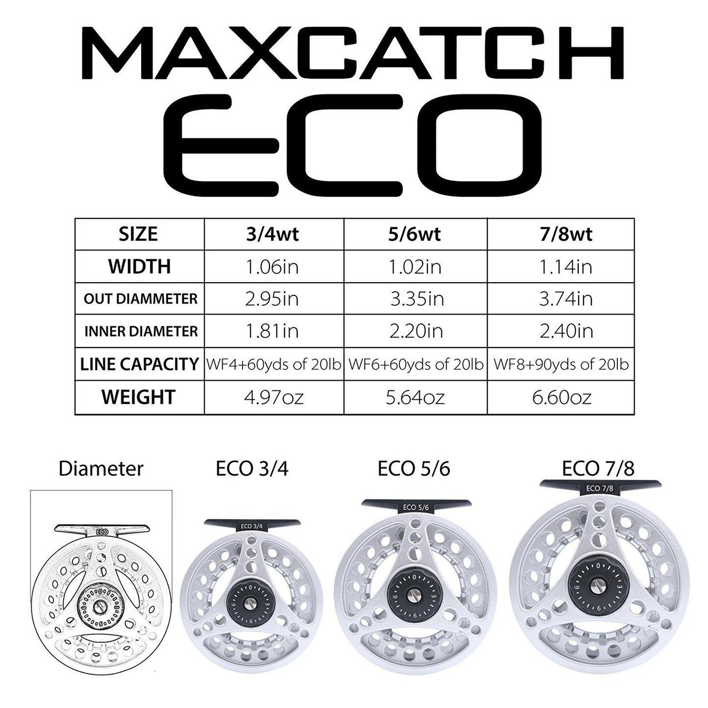 M MAXIMUMCATCH Maxcatch ECO Large Arbor Fly Fishing Reel (3/4wt 5/6wt 7/8wt) and Pre-Loaded Fly Reel with Line Combo