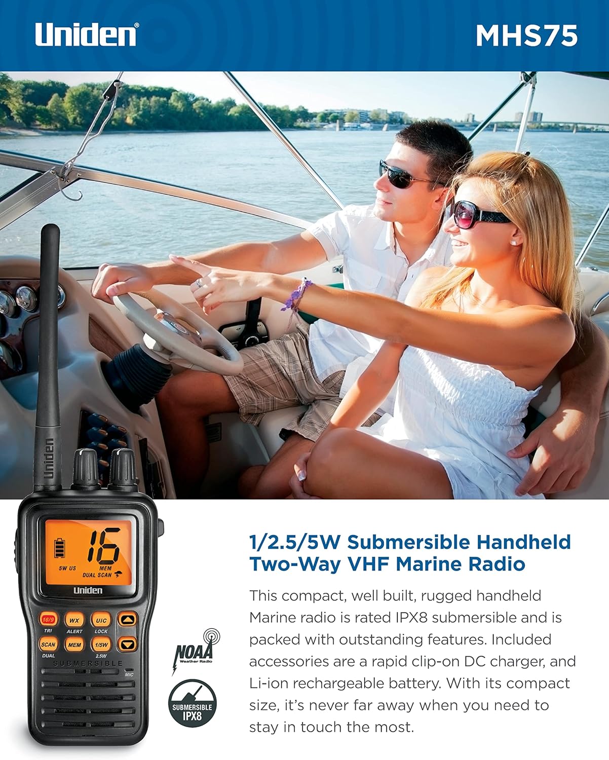 Uniden MHS75 Waterproof Handheld 2-Way VHF Marine radio, Submersible, Selectable 1/2.5/5 Watt Transmit Power. All USA/International and Canadian Marine Channels - Color Black
