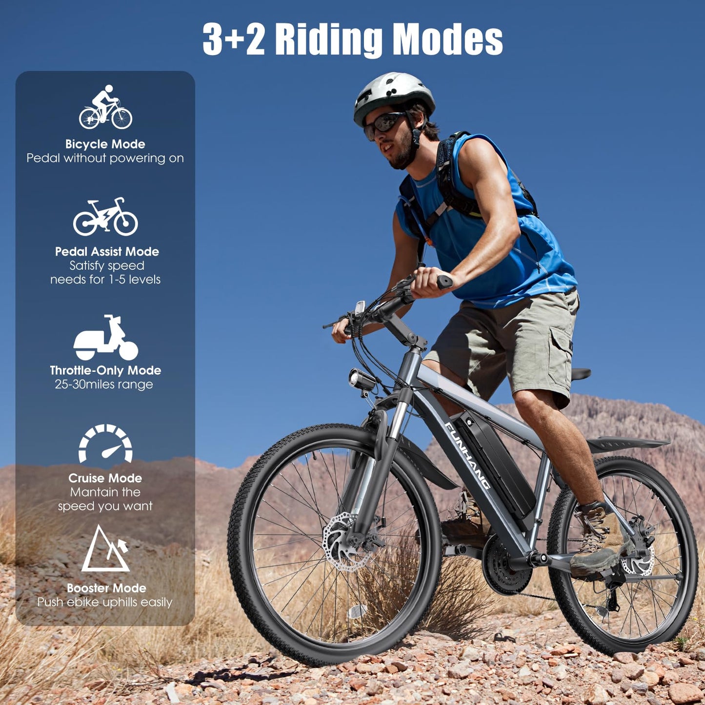 Funhang Electric Bike for Adults, 1000W Peak Ebike, 50Miles 21.7MPH Electric Mountain Bike, 26" Adult Electric Bicycle with 48V Removable Battery, Adjustable Stem, Fenders, 21 Speed, UL 2849 Certified