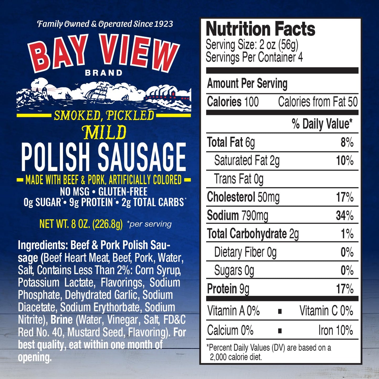 Bay View Smoked Pickled Polish Sausage, No MSG, Gluten Free, No Soy, 0g Sugar, 7g Protein, Hardwood Smoked, Mouthwatering Pickled Snack (Mild Bologna, 8oz)