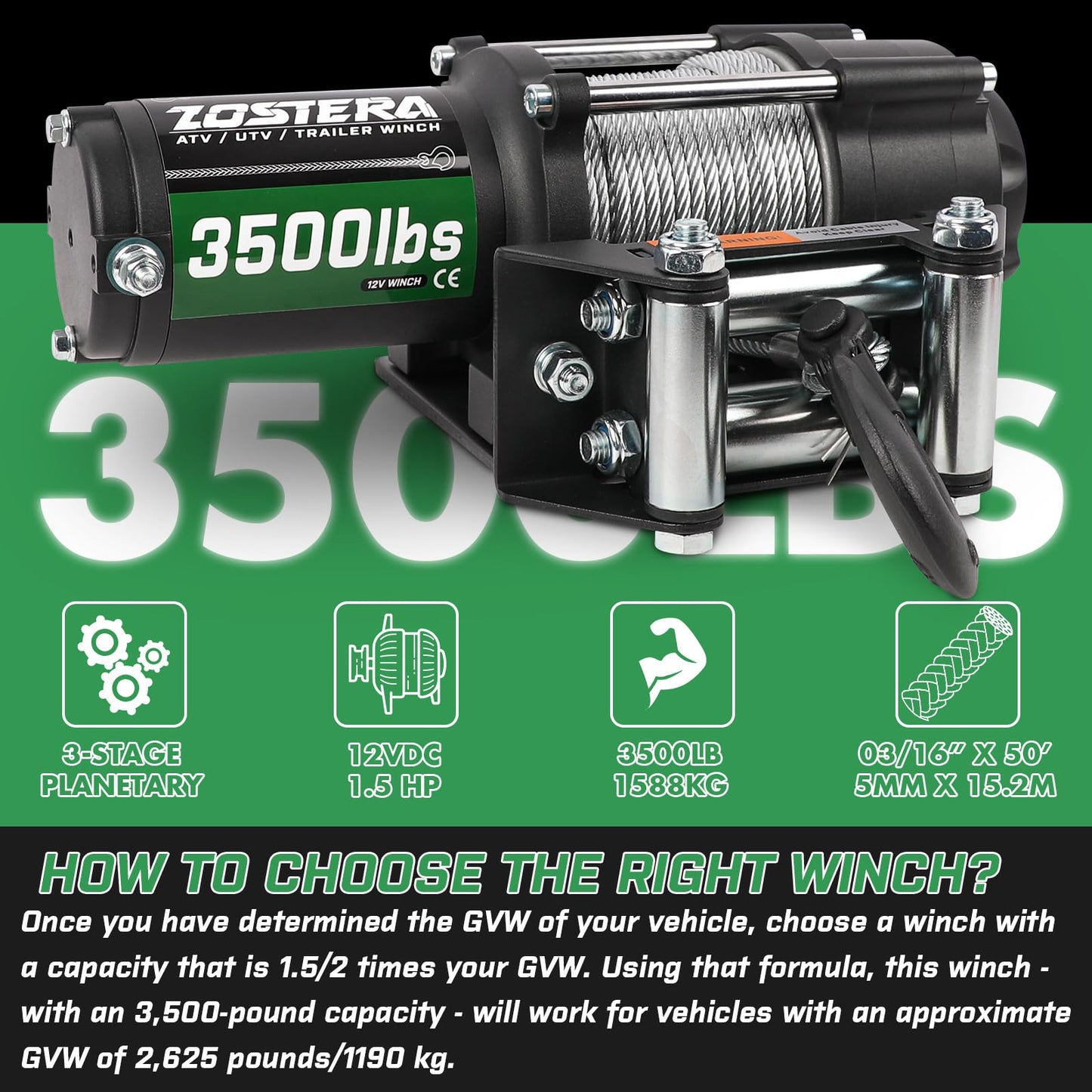 3500lbs ATV/UTV Winch with Synthetic Rope, Electric Boat Trailer Winch 12V, Waterproof Winch with 2 Wireless Remotes &Wired Switch,with Mounting Plate,Pulley,Rope Damper,Aluminium Fairlead